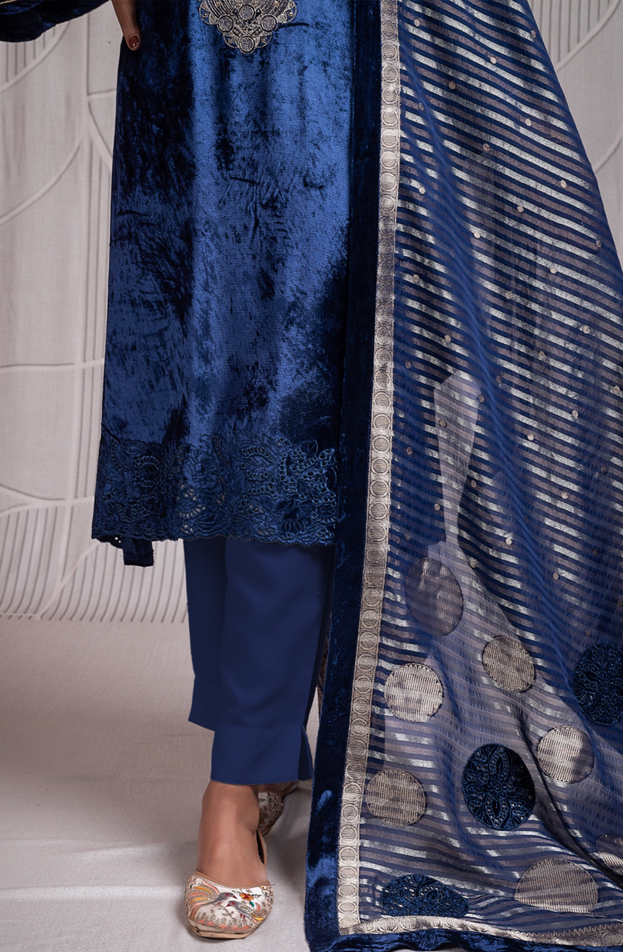 Blue Velvet Embroidered and Handwork Suit-Set with Silk Jacquard Patchwork Dupatta - ZUR2327B