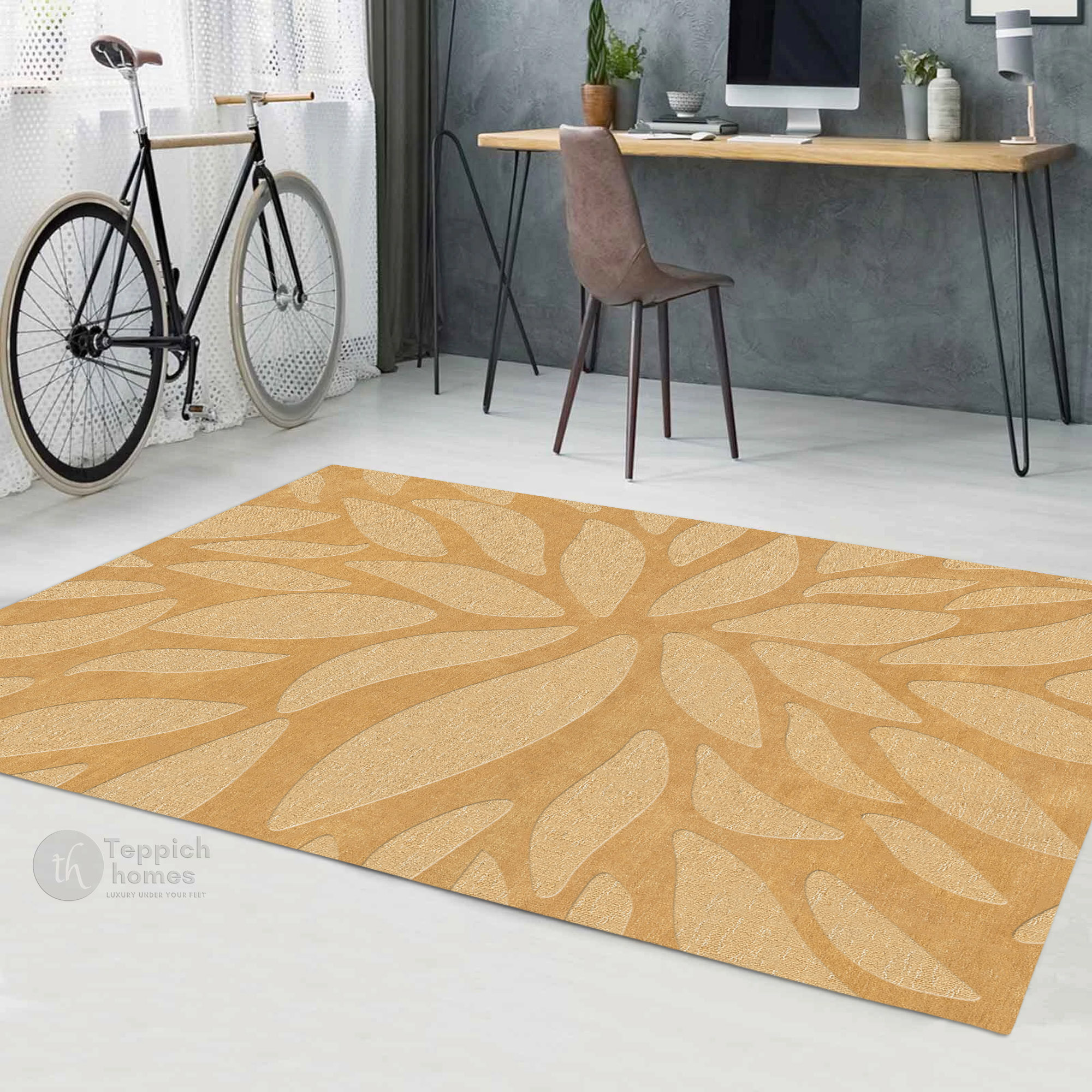 Handmade Beige Floral Wool Rug Modern Botanical Design Area Carpet for Living Room and Bedroom