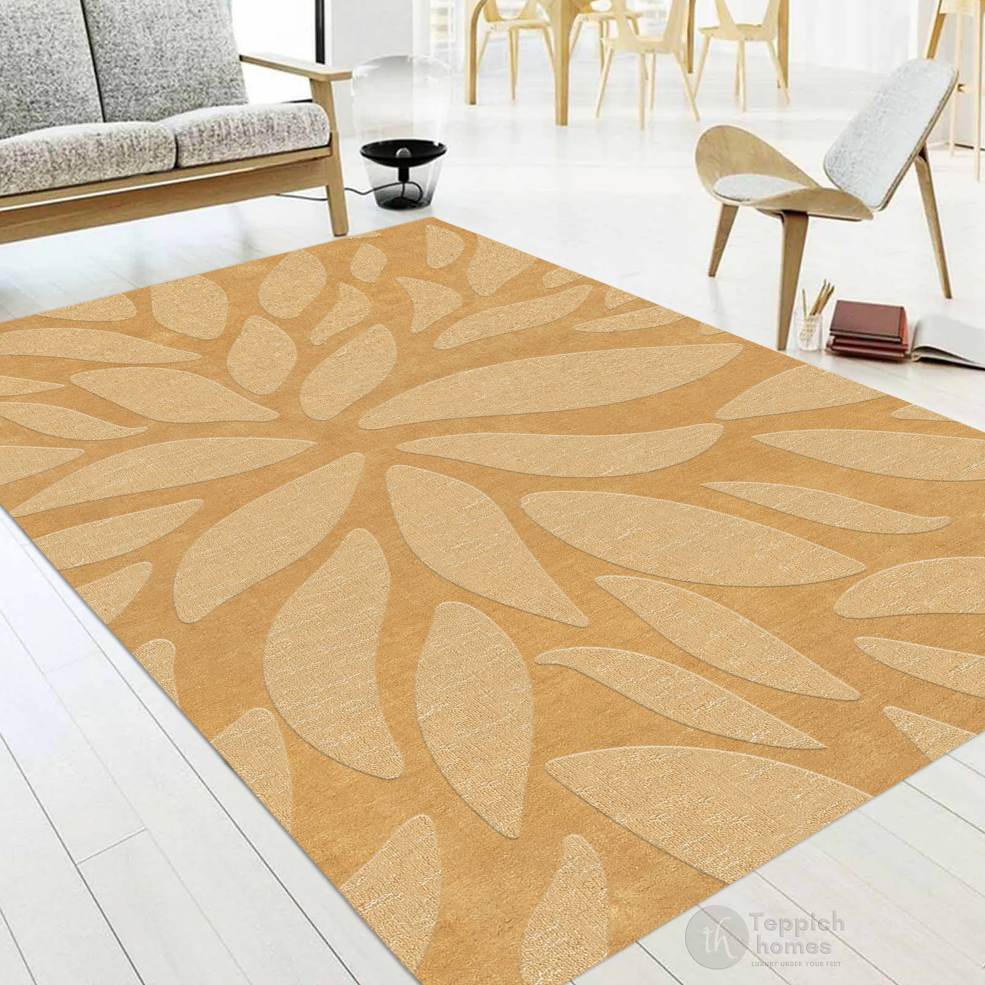 Handmade Beige Floral Wool Rug Modern Botanical Design Area Carpet for Living Room and Bedroom