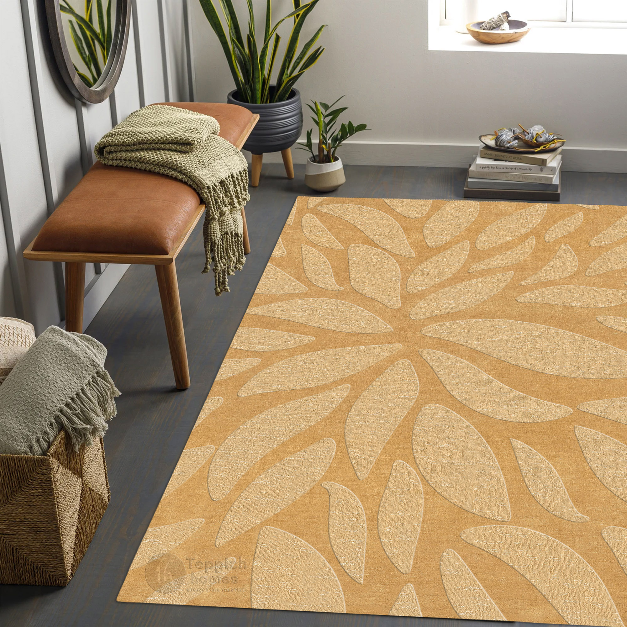 Handmade Beige Floral Wool Rug Modern Botanical Design Area Carpet for Living Room and Bedroom