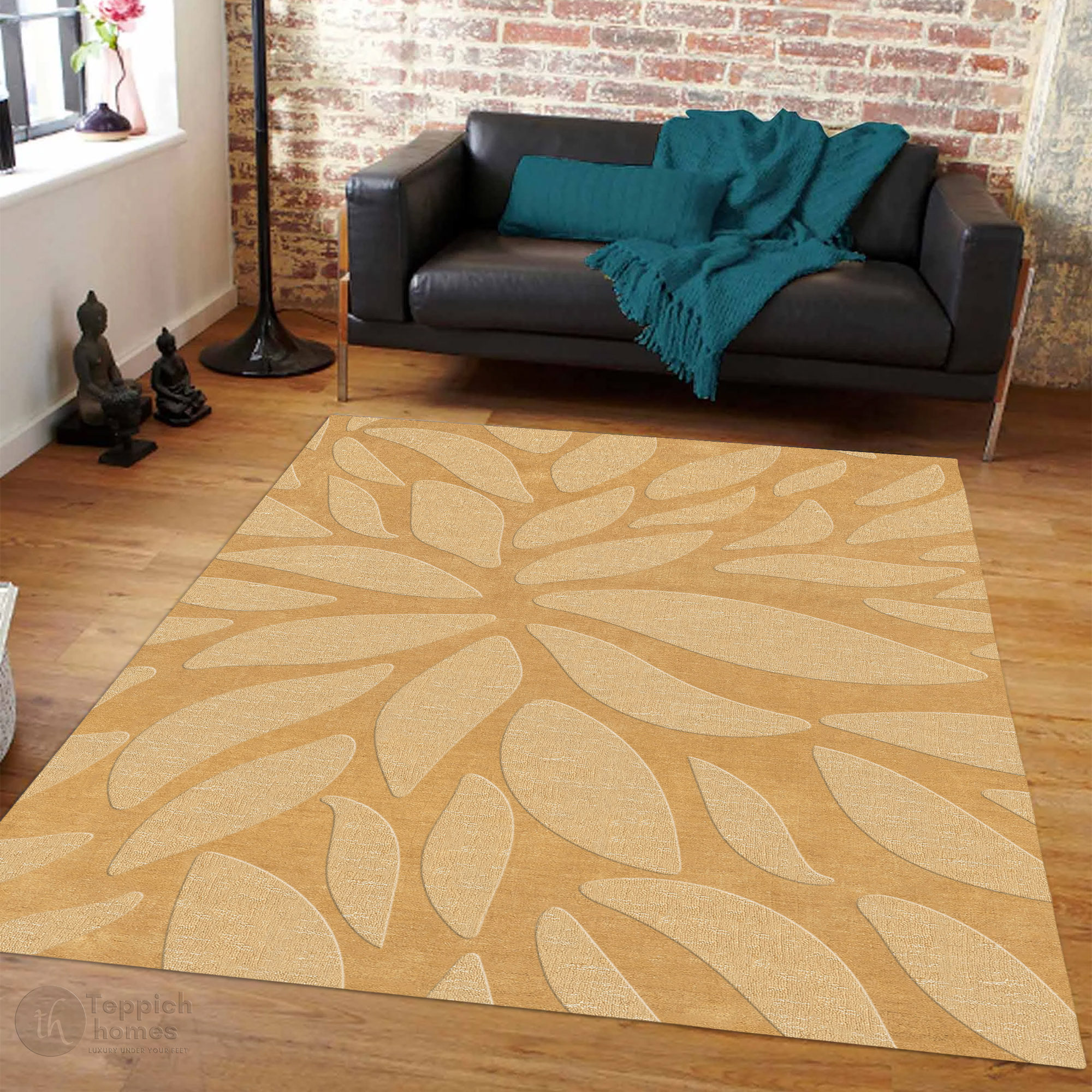 Handmade Beige Floral Wool Rug Modern Botanical Design Area Carpet for Living Room and Bedroom