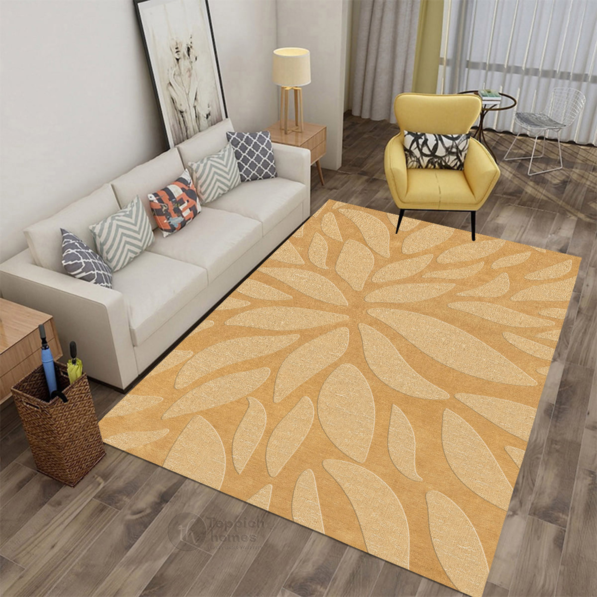 Handmade Beige Floral Wool Rug Modern Botanical Design Area Carpet for Living Room and Bedroom