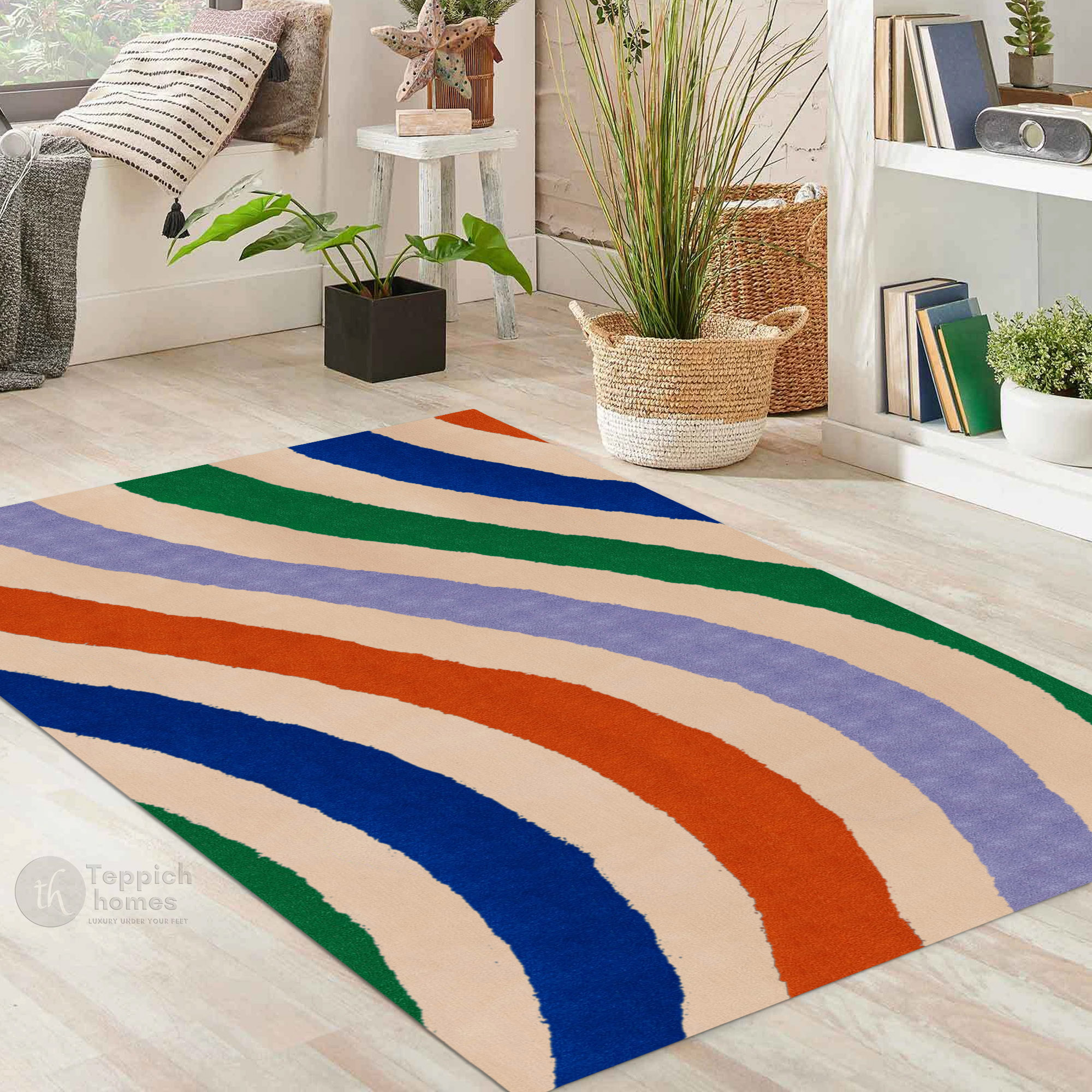 Multicolor Wavy Stripes Modern Area Rug Vibrant Contemporary Carpet for Living Room and Bedroom