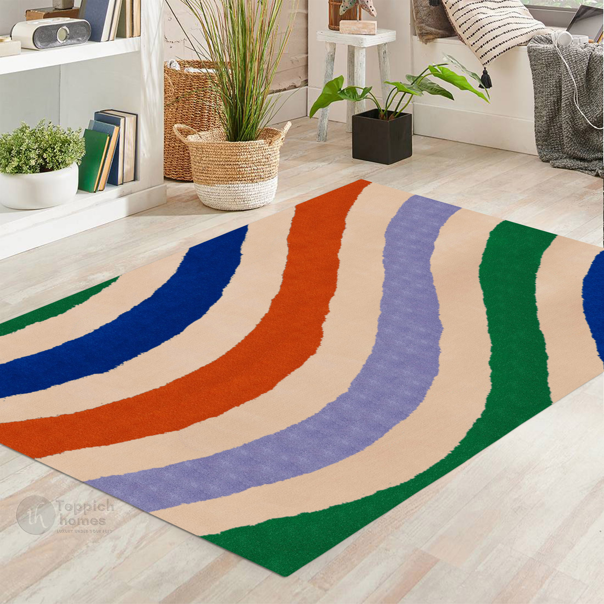 Multicolor Wavy Stripes Modern Area Rug Vibrant Contemporary Carpet for Living Room and Bedroom