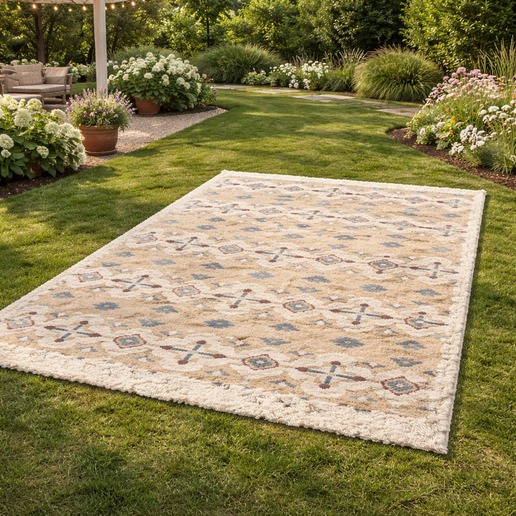 Tufted area rug Beige and White color 5x8 6x10 7x10 8x13 Hallway Living room Wool carpet Geometric rugs