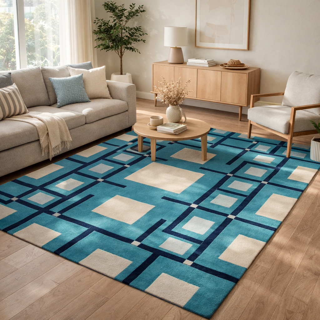 Bedroom rug 5x8  Geometric carpet  Tufted area rugs  6x8 6x9 7x10 8x13  Wool carpets  Blue color  Hand tuft