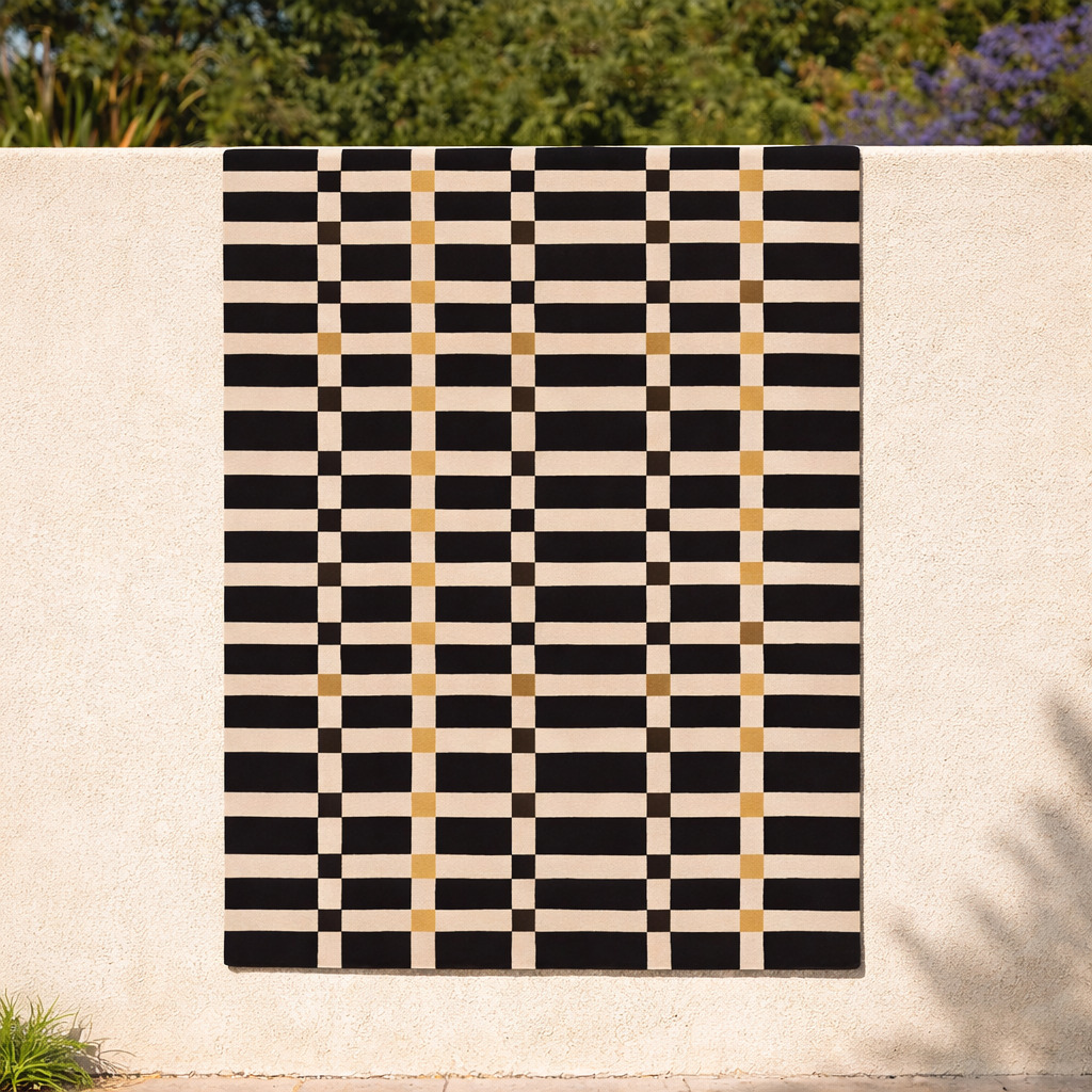 Hallway rug  Geometric carpet  Wool area rugs  8x13 9x10 9x12 10x14  Tufted carpet  Black and Beige color