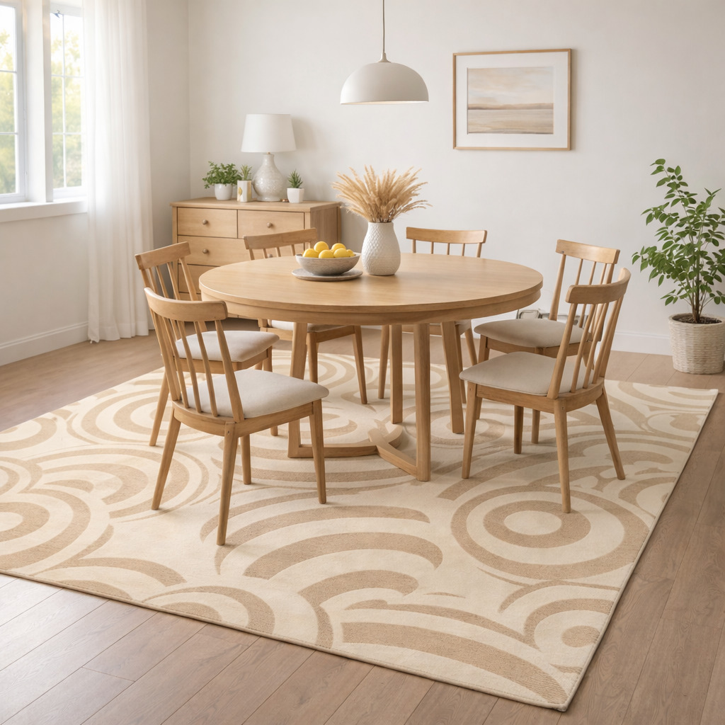 Modern Beige Circular Pattern Rug Contemporary Geometric Wool Area Carpet for Living Room and Bedroom