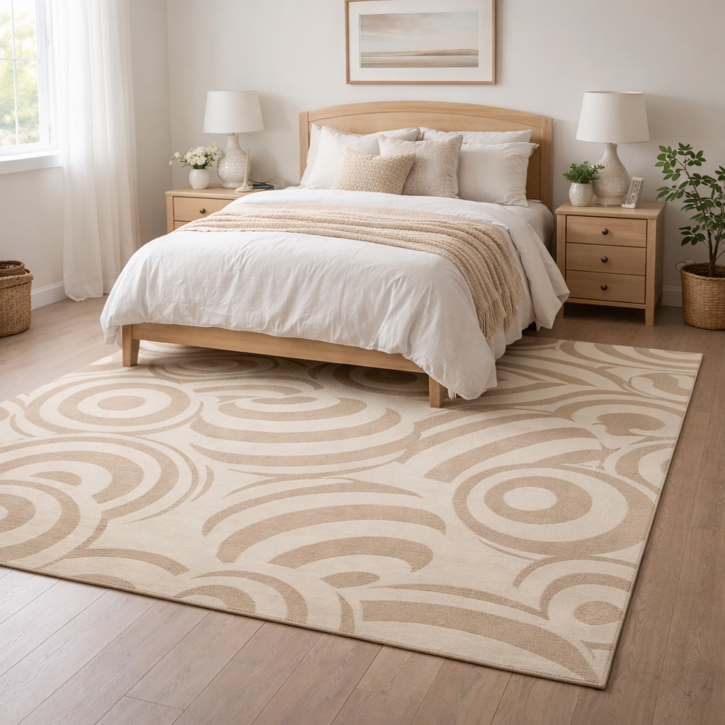 Modern Beige Circular Pattern Rug Contemporary Geometric Wool Area Carpet for Living Room and Bedroom