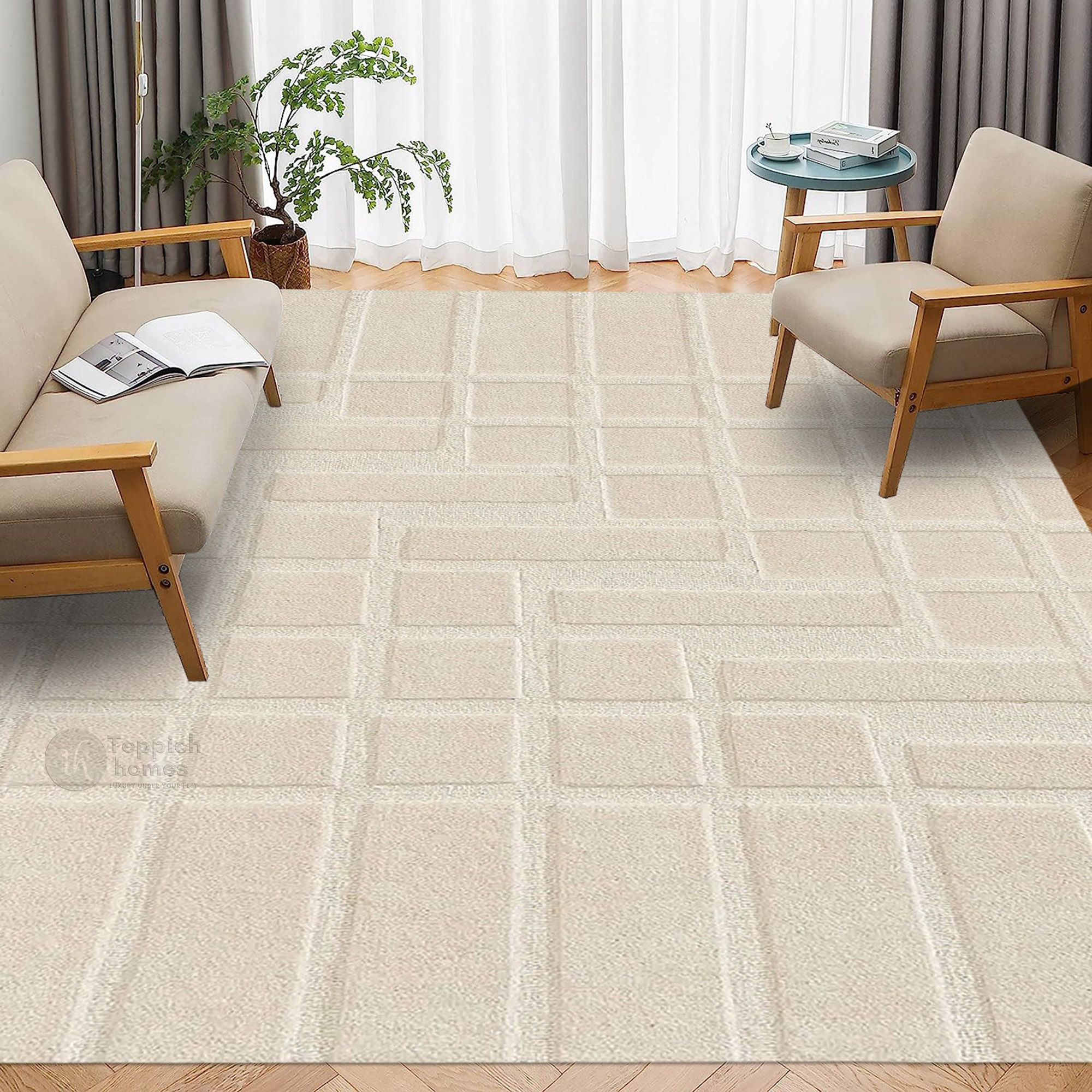 Modern Beige Geometric Area Rug Contemporary Minimalist Carpet for Living Room and Bedroom