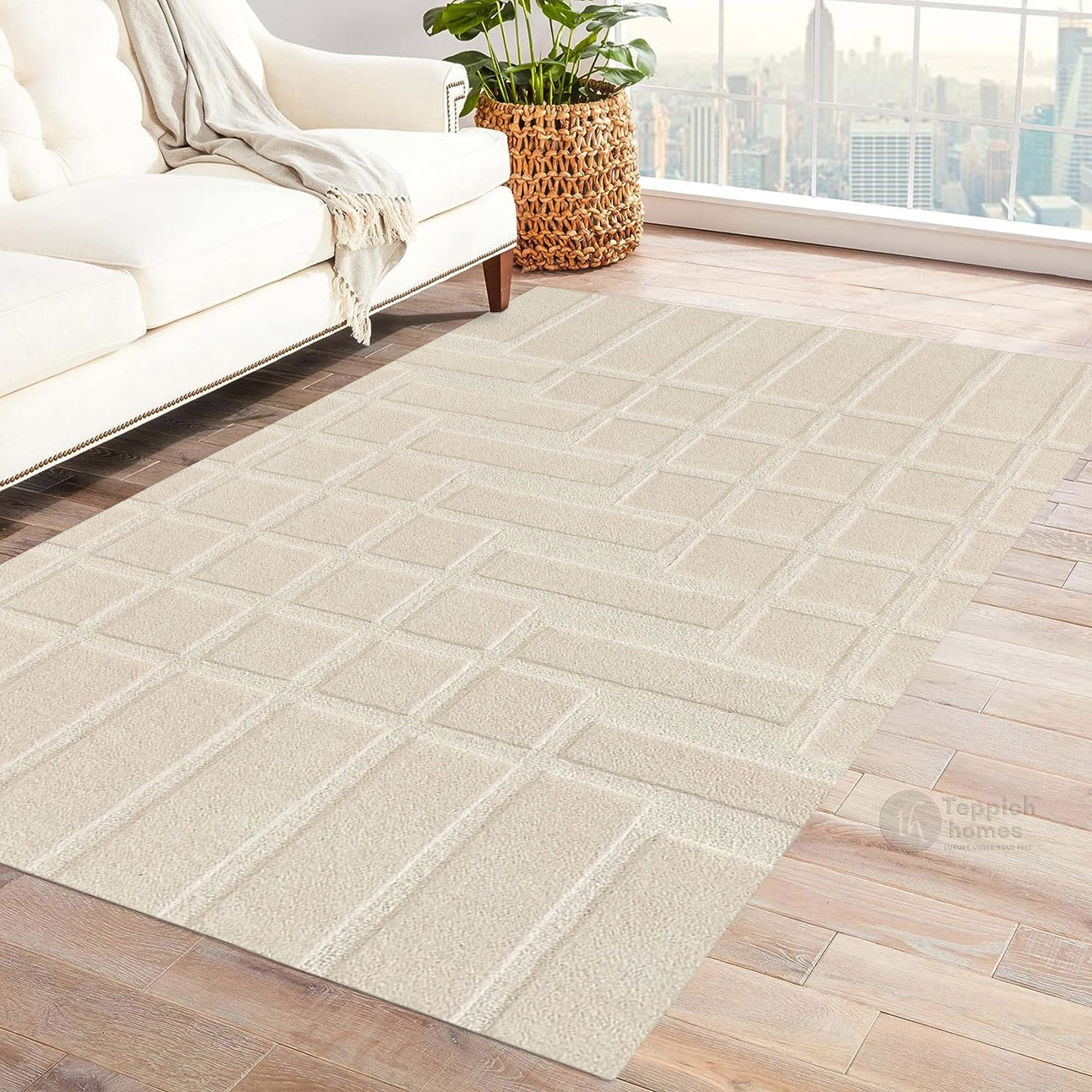 Modern Beige Geometric Area Rug Contemporary Minimalist Carpet for Living Room and Bedroom