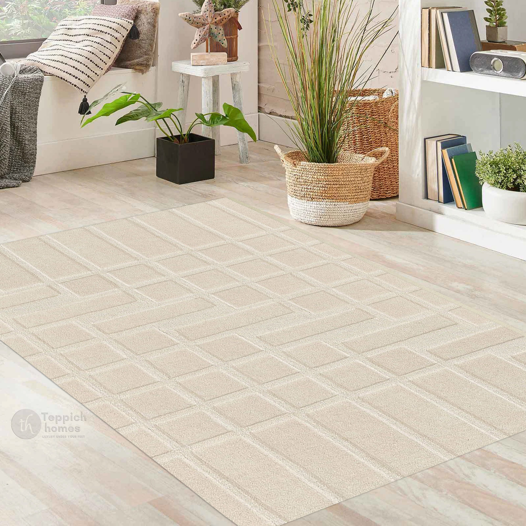 Modern Beige Geometric Area Rug Contemporary Minimalist Carpet for Living Room and Bedroom