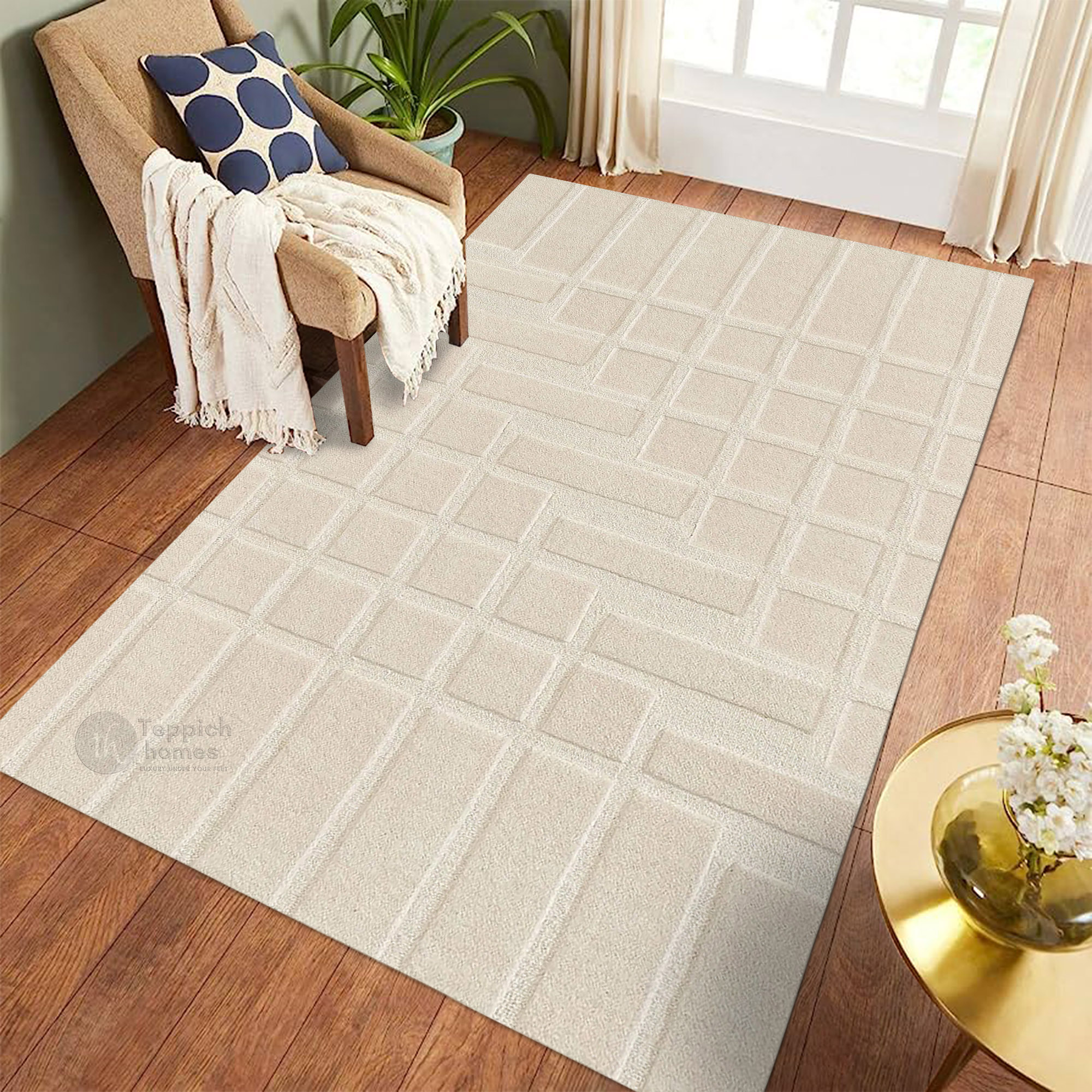 Modern Beige Geometric Area Rug Contemporary Minimalist Carpet for Living Room and Bedroom