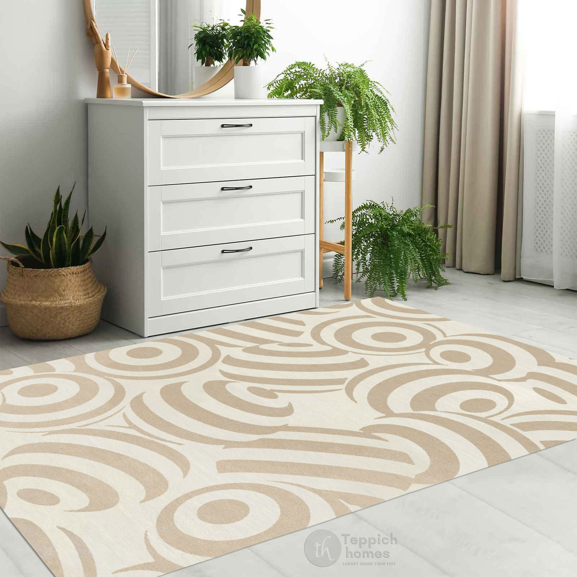 Modern Beige Circular Pattern Rug Contemporary Geometric Wool Area Carpet for Living Room and Bedroom