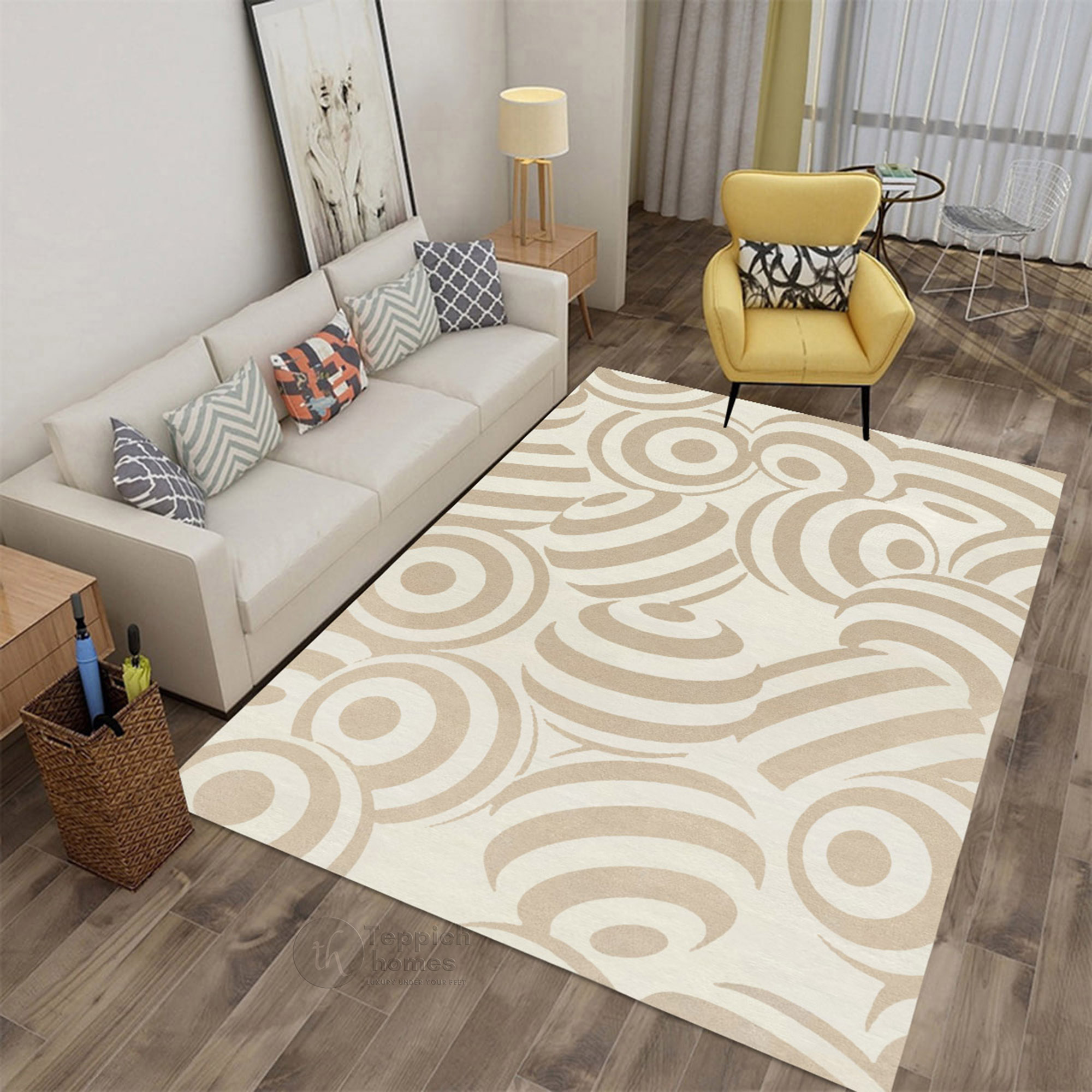 Modern Beige Circular Pattern Rug Contemporary Geometric Wool Area Carpet for Living Room and Bedroom
