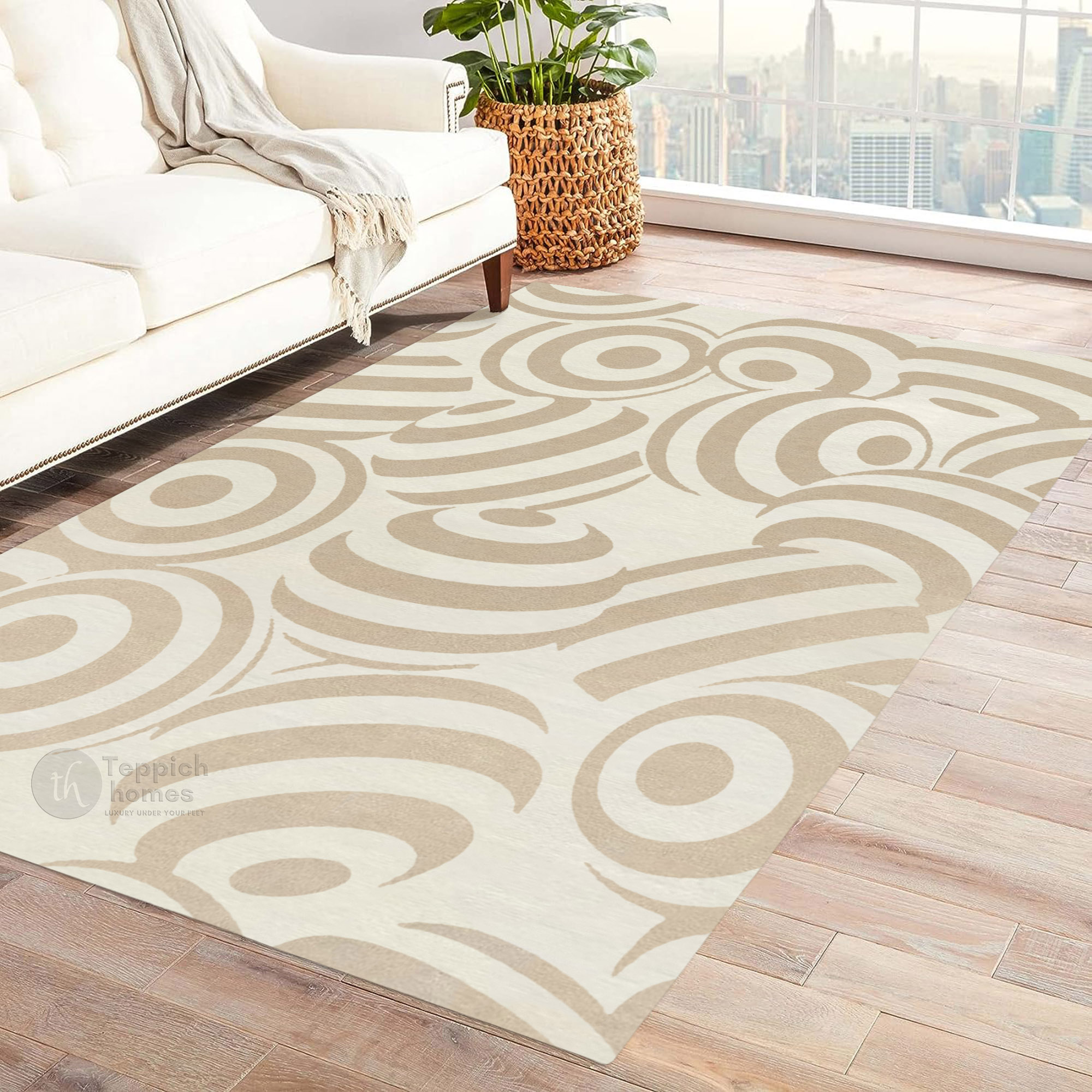 Modern Beige Circular Pattern Rug Contemporary Geometric Wool Area Carpet for Living Room and Bedroom
