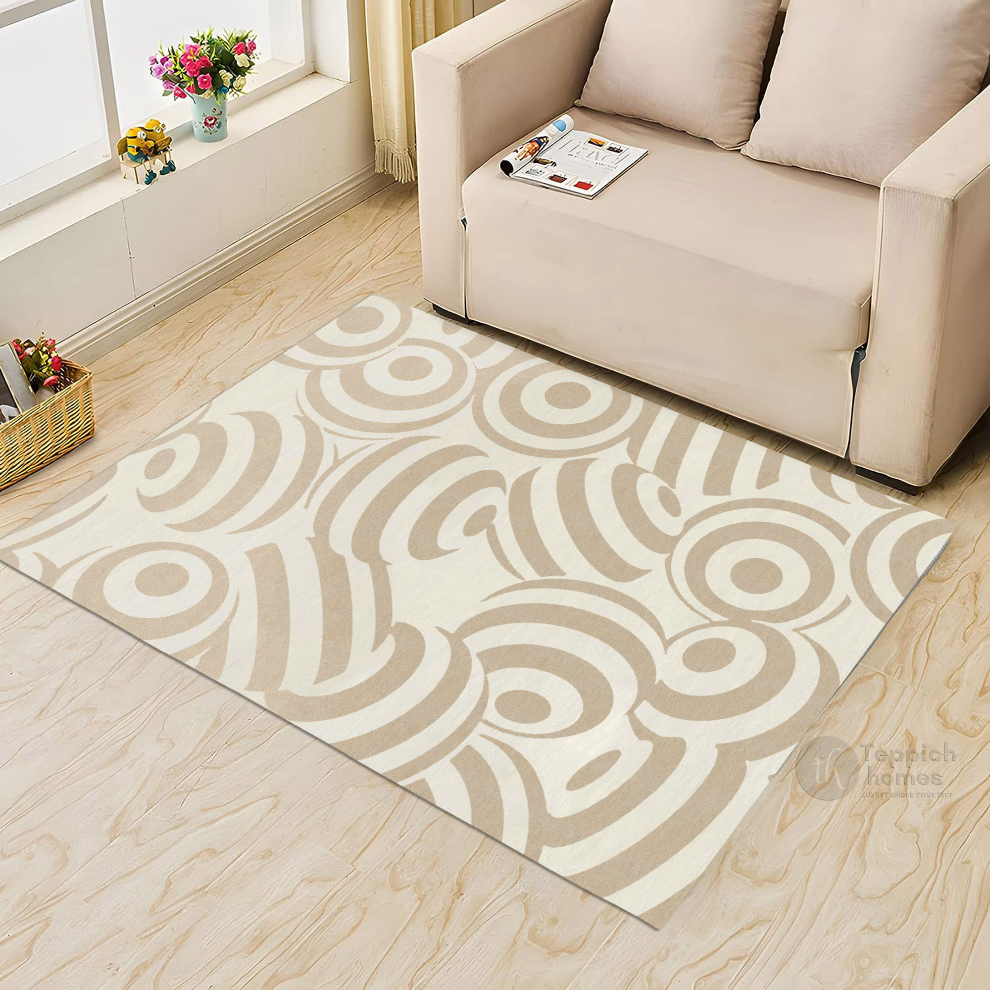 Modern Beige Circular Pattern Rug Contemporary Geometric Wool Area Carpet for Living Room and Bedroom