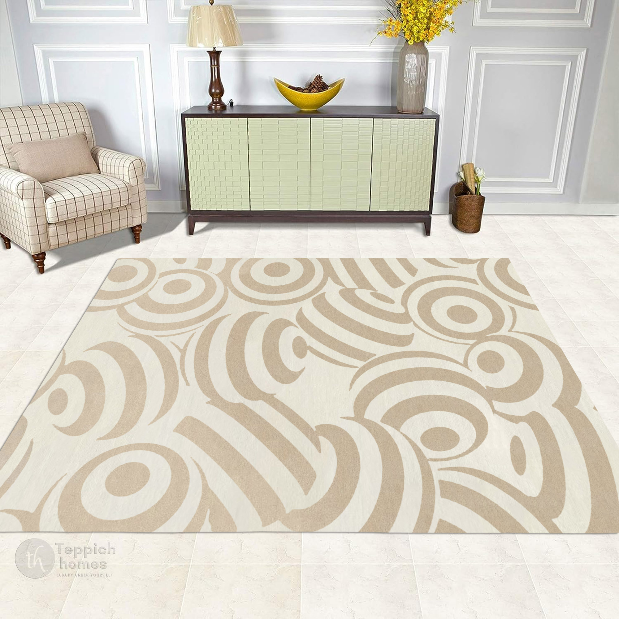 Modern Beige Circular Pattern Rug Contemporary Geometric Wool Area Carpet for Living Room and Bedroom