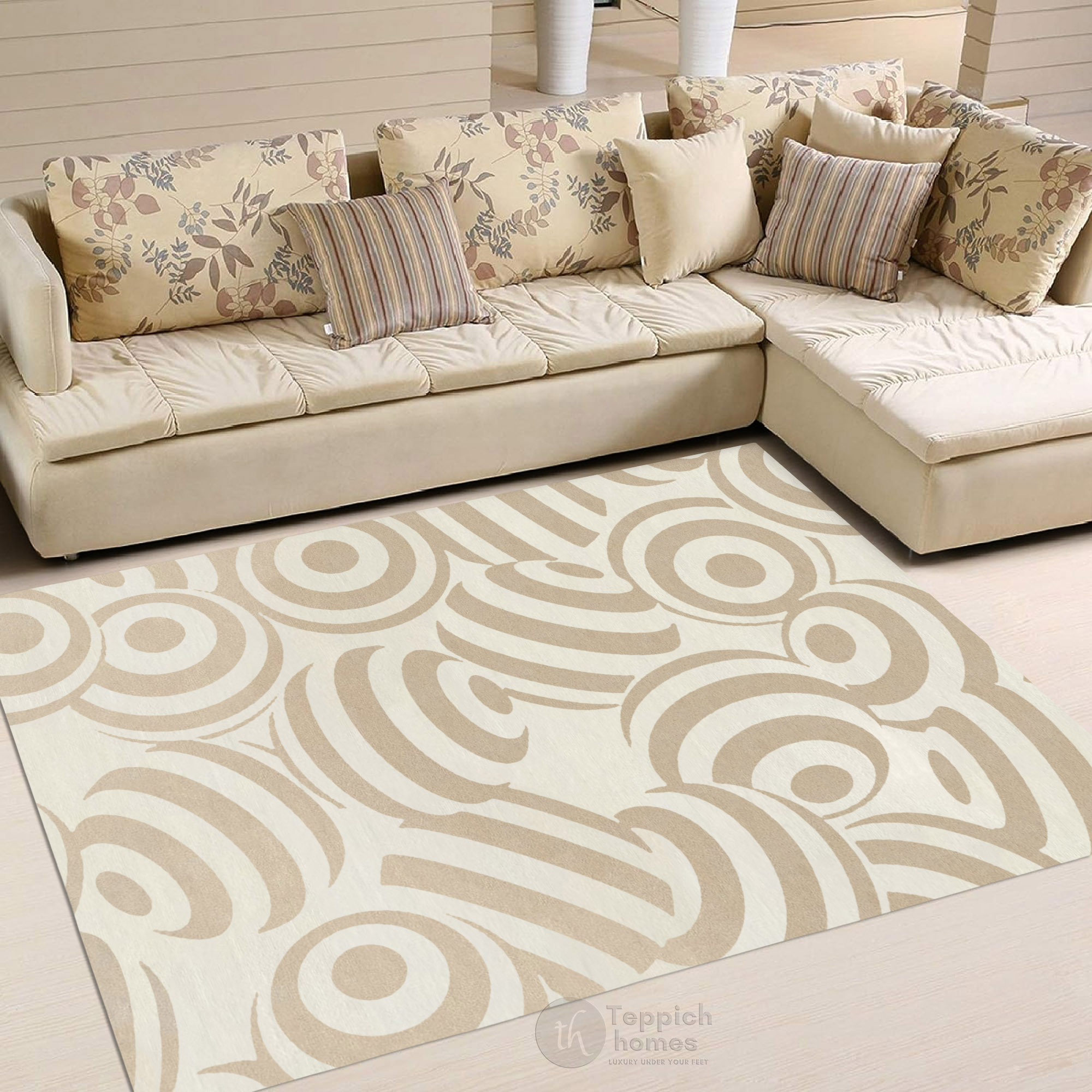 Modern Beige Circular Pattern Rug Contemporary Geometric Wool Area Carpet for Living Room and Bedroom