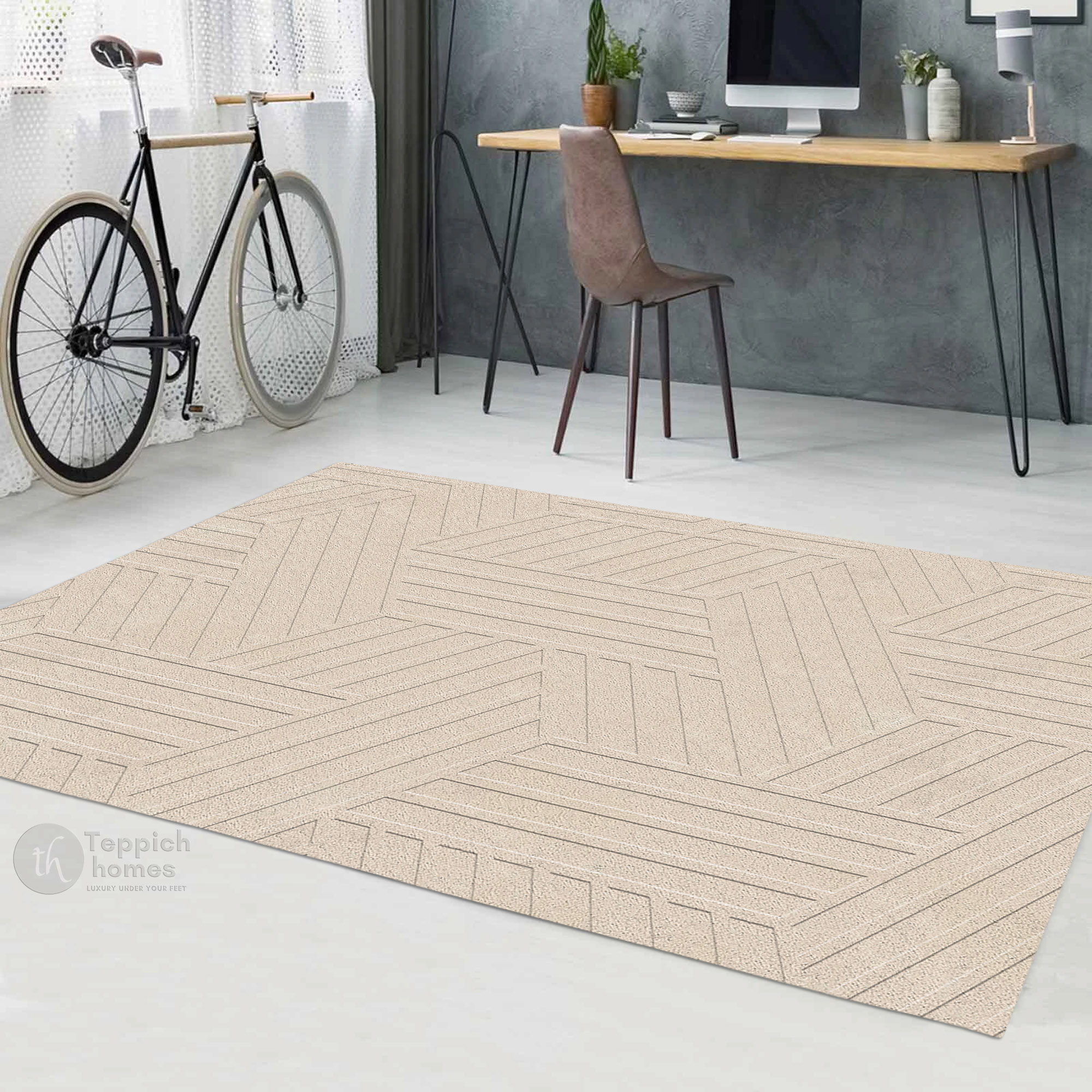 Luxury Beige Geometric Pattern Wool Rug Modern Hand Tufted Area Carpet for Living Room and Bedroom