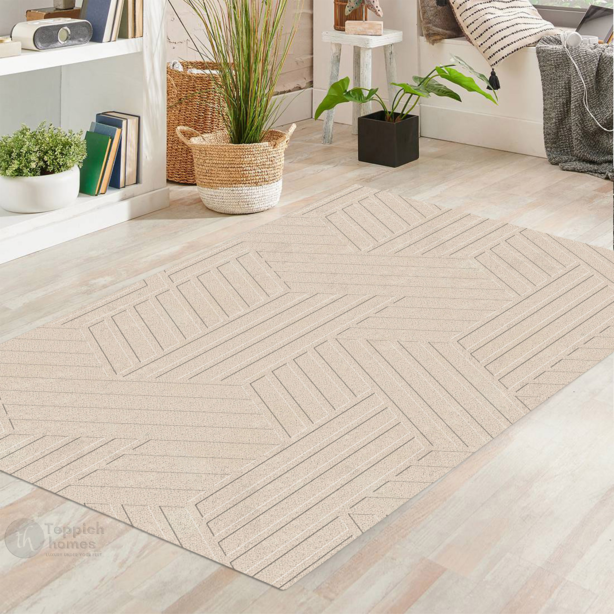 Luxury Beige Geometric Pattern Wool Rug Modern Hand Tufted Area Carpet for Living Room and Bedroom