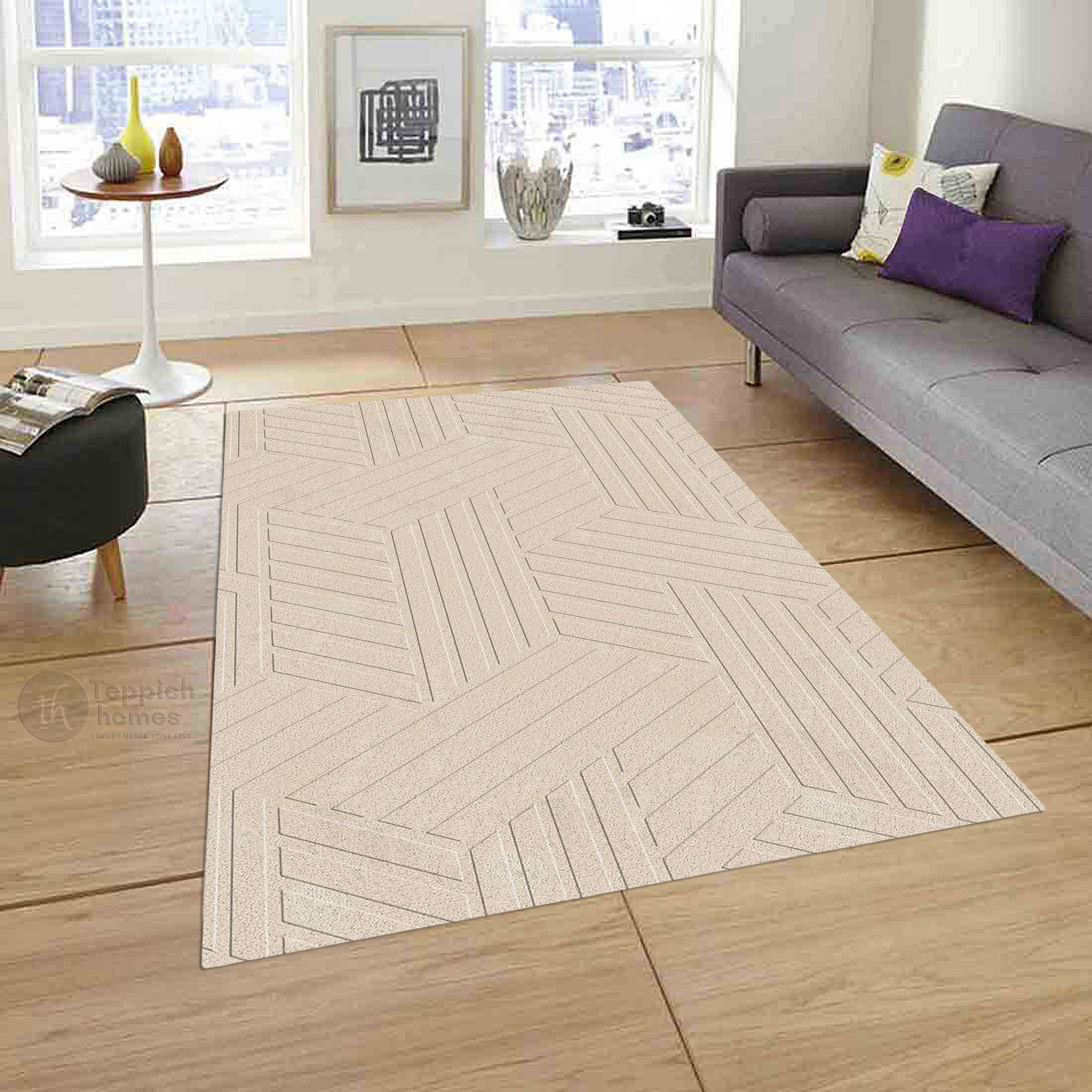Luxury Beige Geometric Pattern Wool Rug Modern Hand Tufted Area Carpet for Living Room and Bedroom