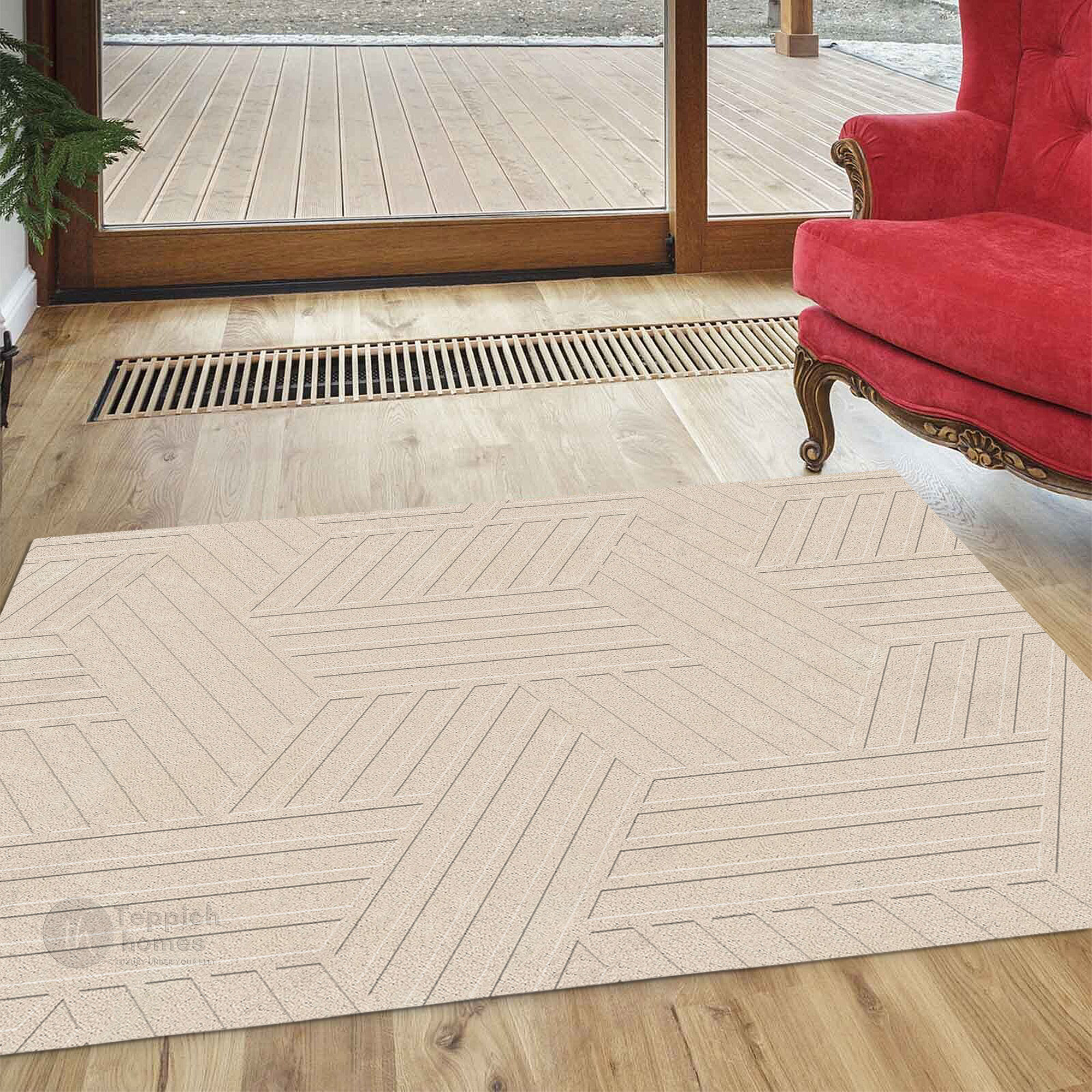 Luxury Beige Geometric Pattern Wool Rug Modern Hand Tufted Area Carpet for Living Room and Bedroom