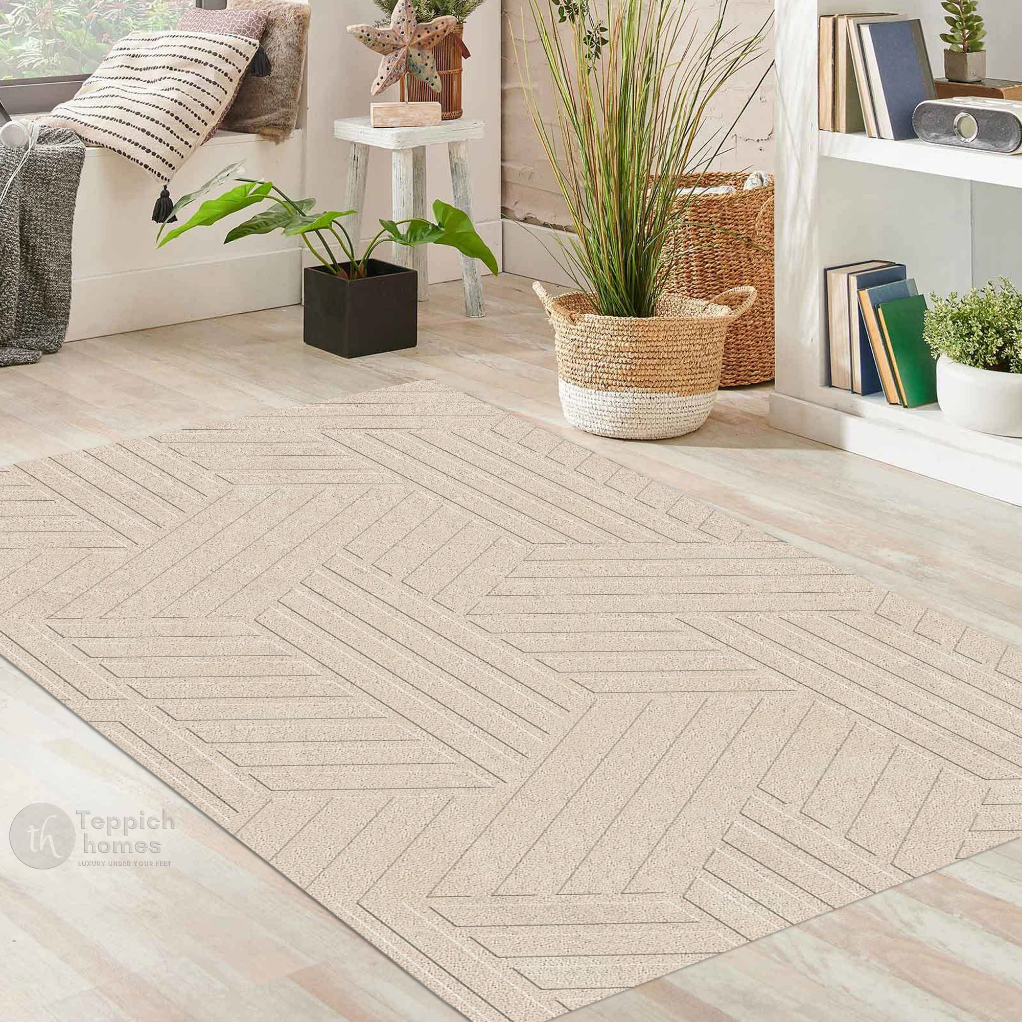 Luxury Beige Geometric Pattern Wool Rug Modern Hand Tufted Area Carpet for Living Room and Bedroom
