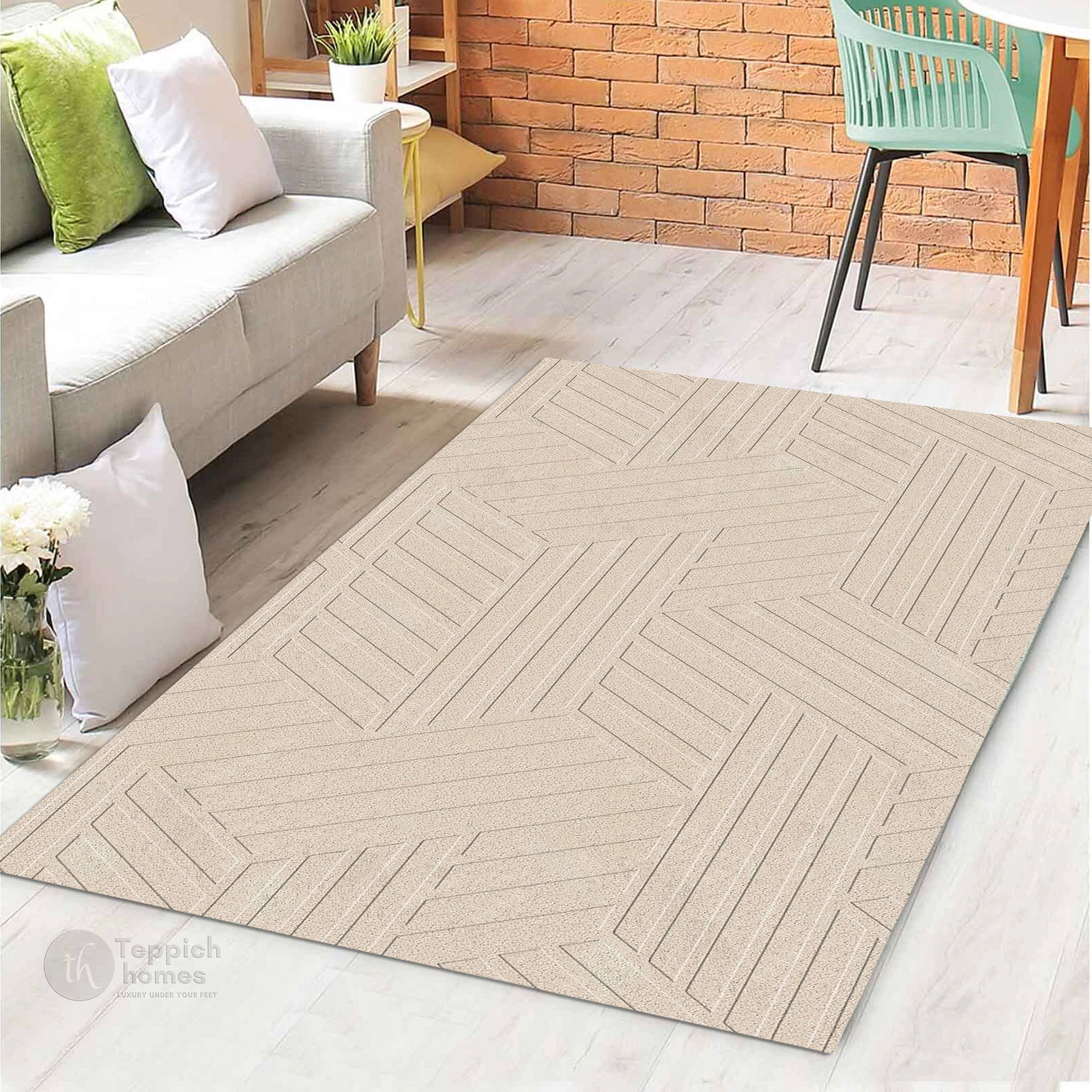 Luxury Beige Geometric Pattern Wool Rug Modern Hand Tufted Area Carpet for Living Room and Bedroom