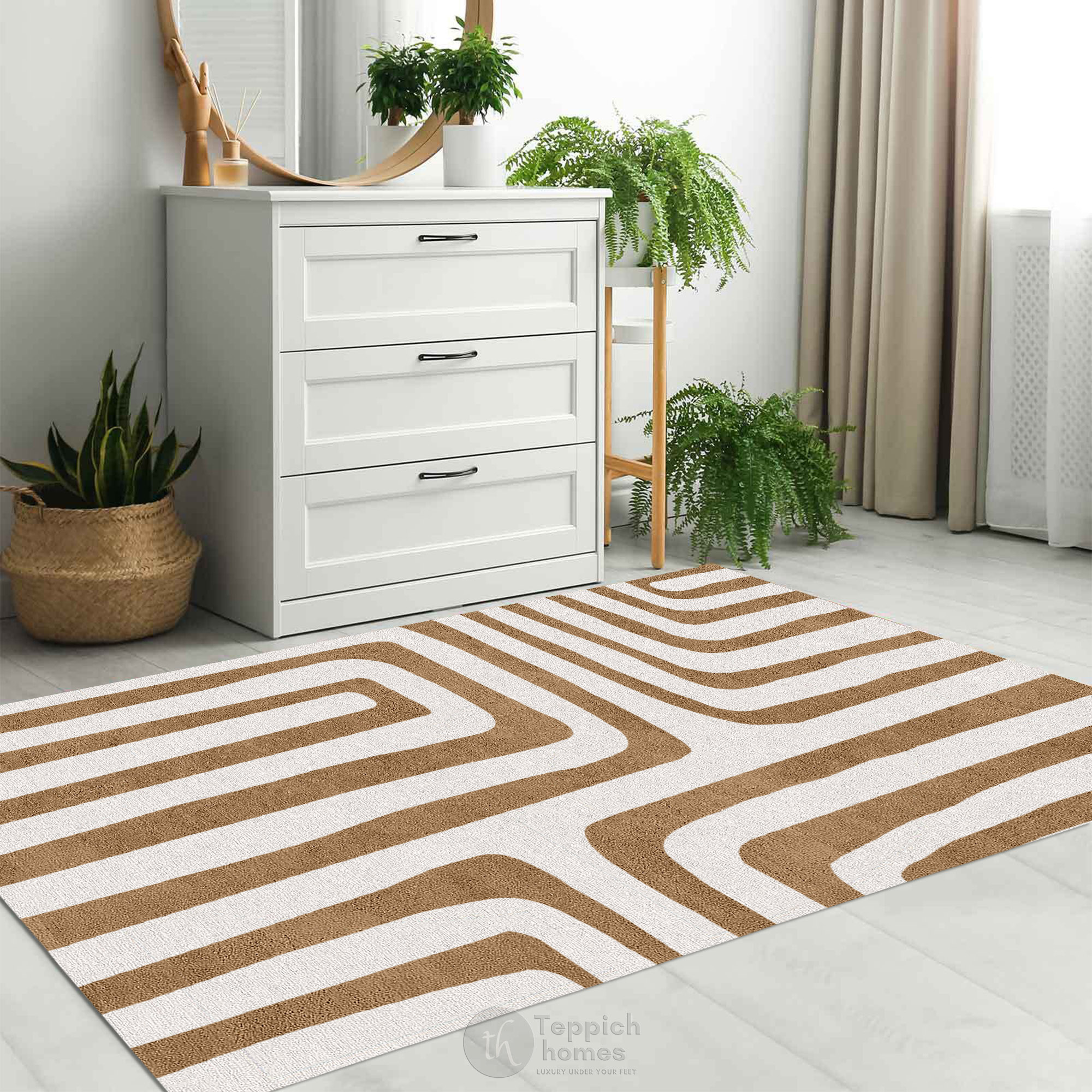 Modern Geometric Brown and White Patterned Rug Contemporary Wool Carpet for Living Room and Bedroom