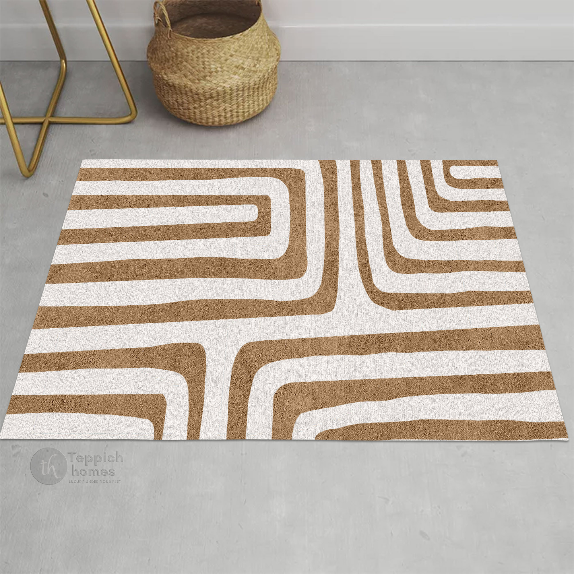 Modern Geometric Brown and White Patterned Rug Contemporary Wool Carpet for Living Room and Bedroom