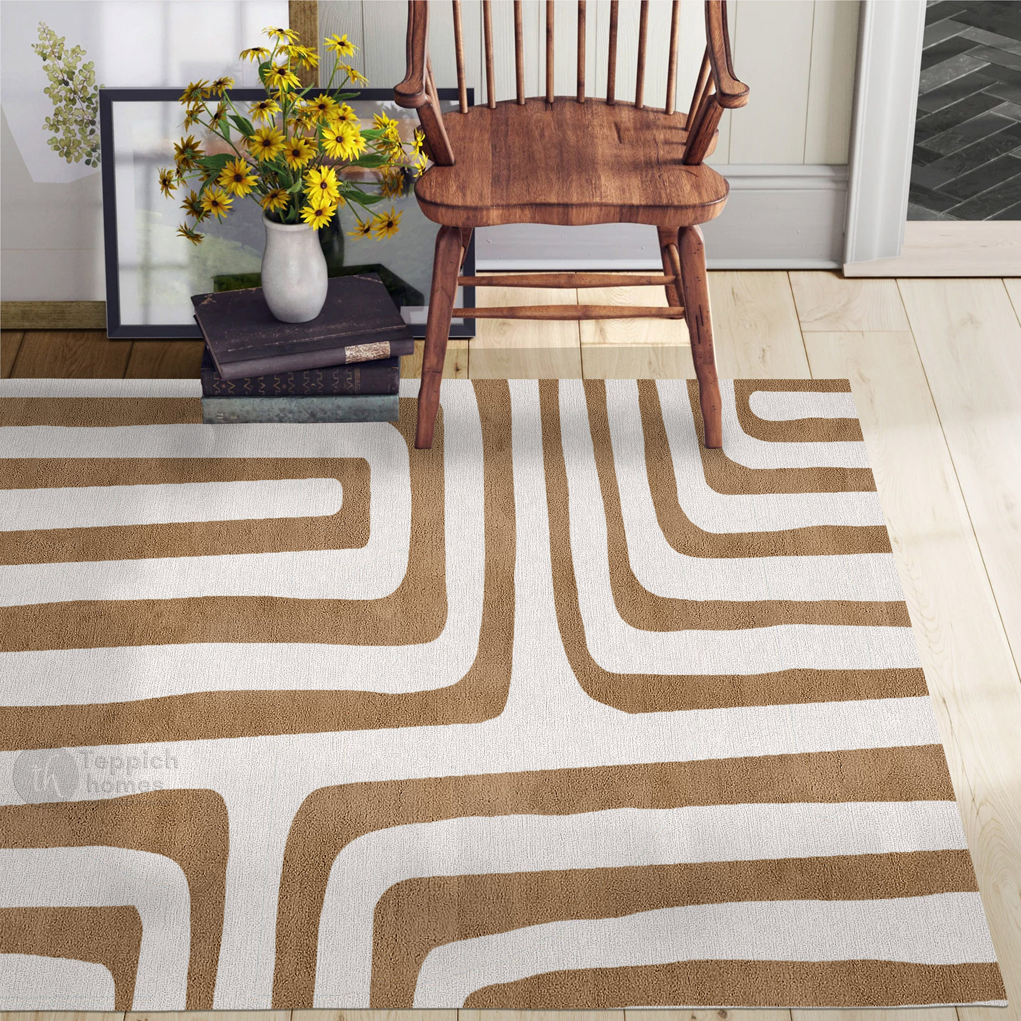 Modern Geometric Brown and White Patterned Rug Contemporary Wool Carpet for Living Room and Bedroom