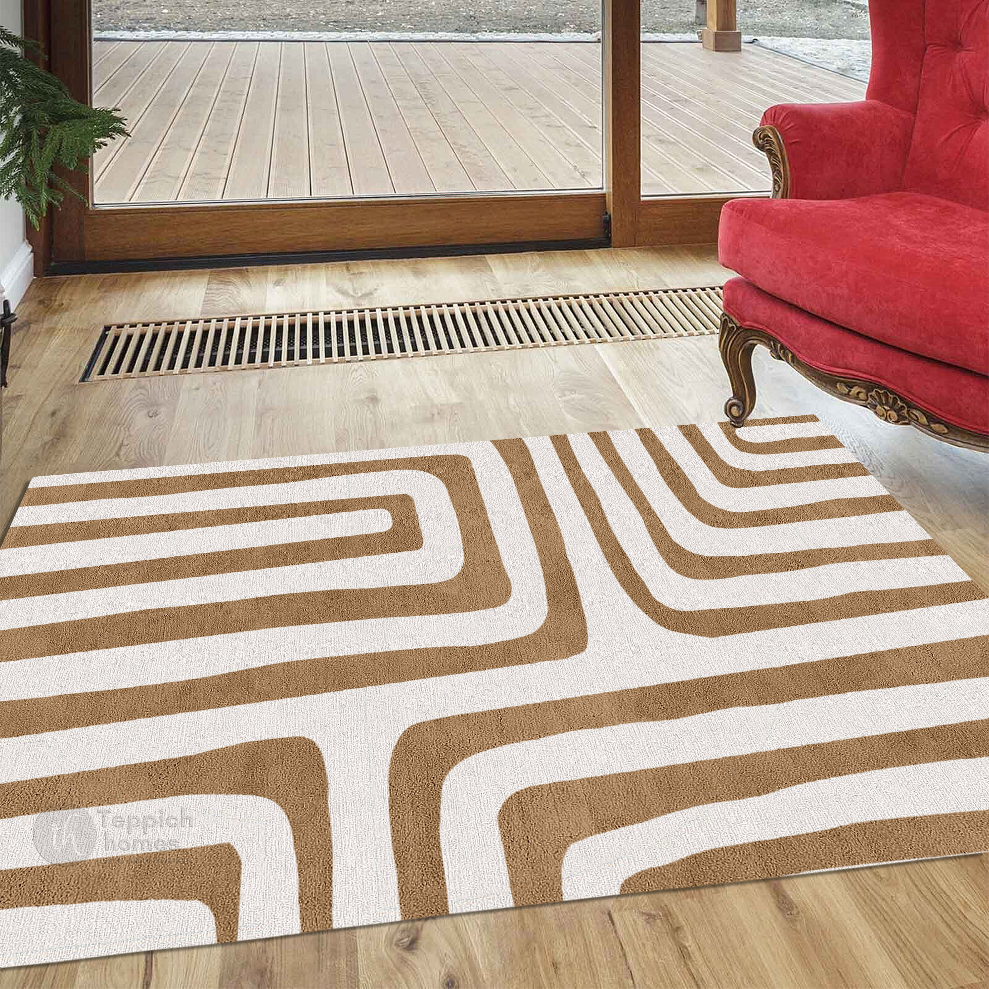 Modern Geometric Brown and White Patterned Rug Contemporary Wool Carpet for Living Room and Bedroom