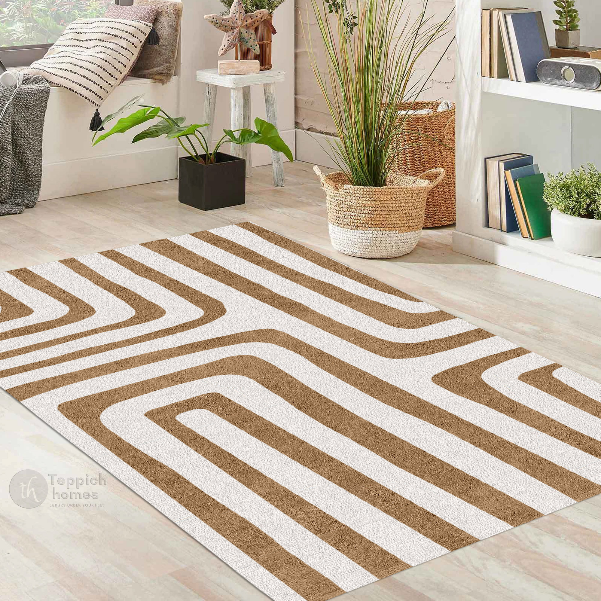 Modern Geometric Brown and White Patterned Rug Contemporary Wool Carpet for Living Room and Bedroom