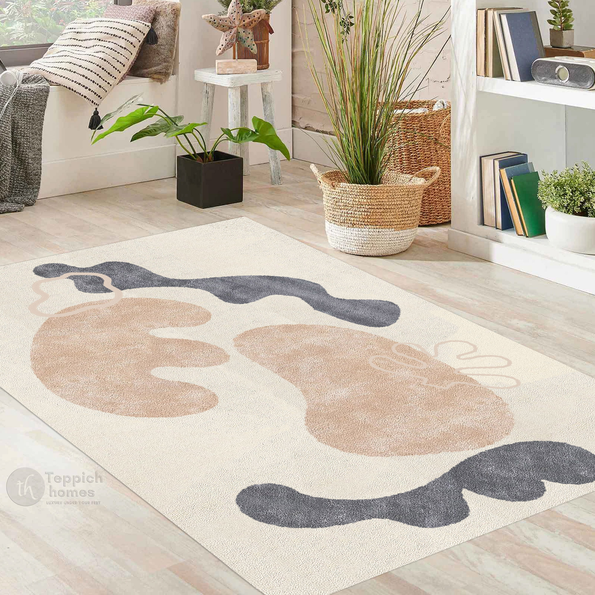 Modern Organic Design Rug Beige Contemporary Wool Carpet for Living Room and Bedroom