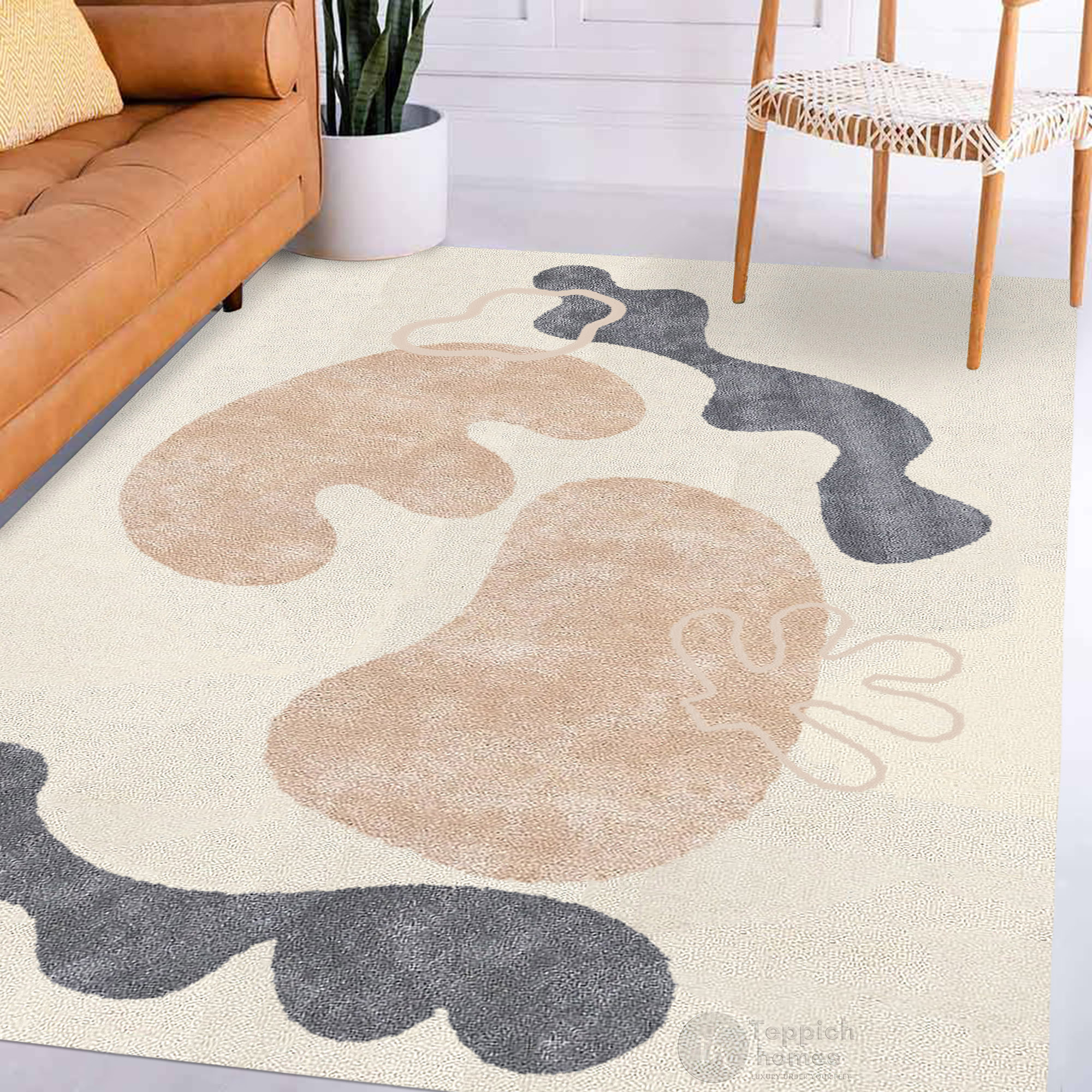 Modern Organic Design Rug Beige Contemporary Wool Carpet for Living Room and Bedroom