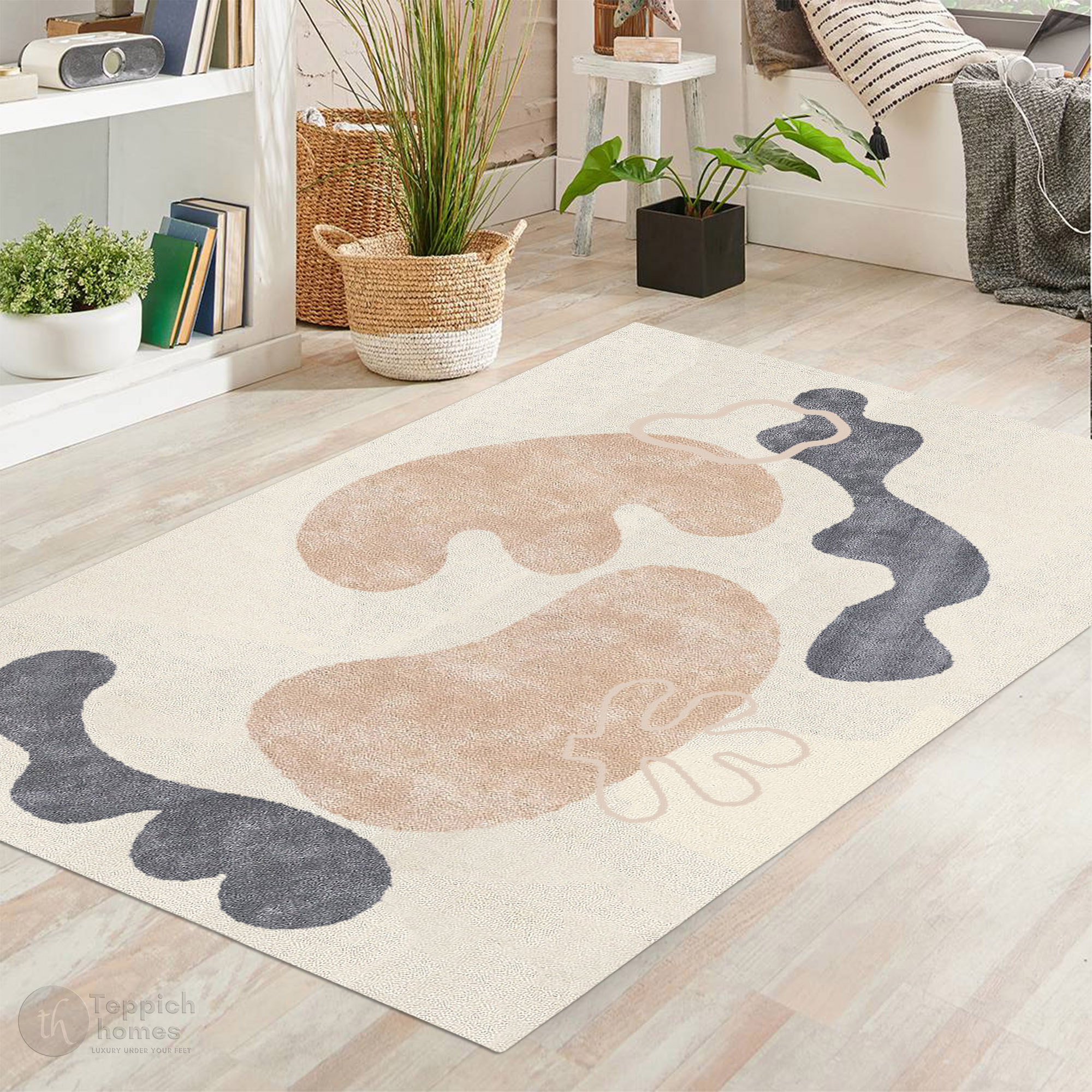 Modern Organic Design Rug Beige Contemporary Wool Carpet for Living Room and Bedroom