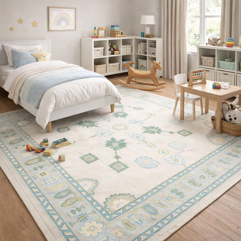 Area rug Ivory color 6x9 6x8 5x8 Oushak knotted wool rugs Geometric design Bed Kids Living room Rectangle shape