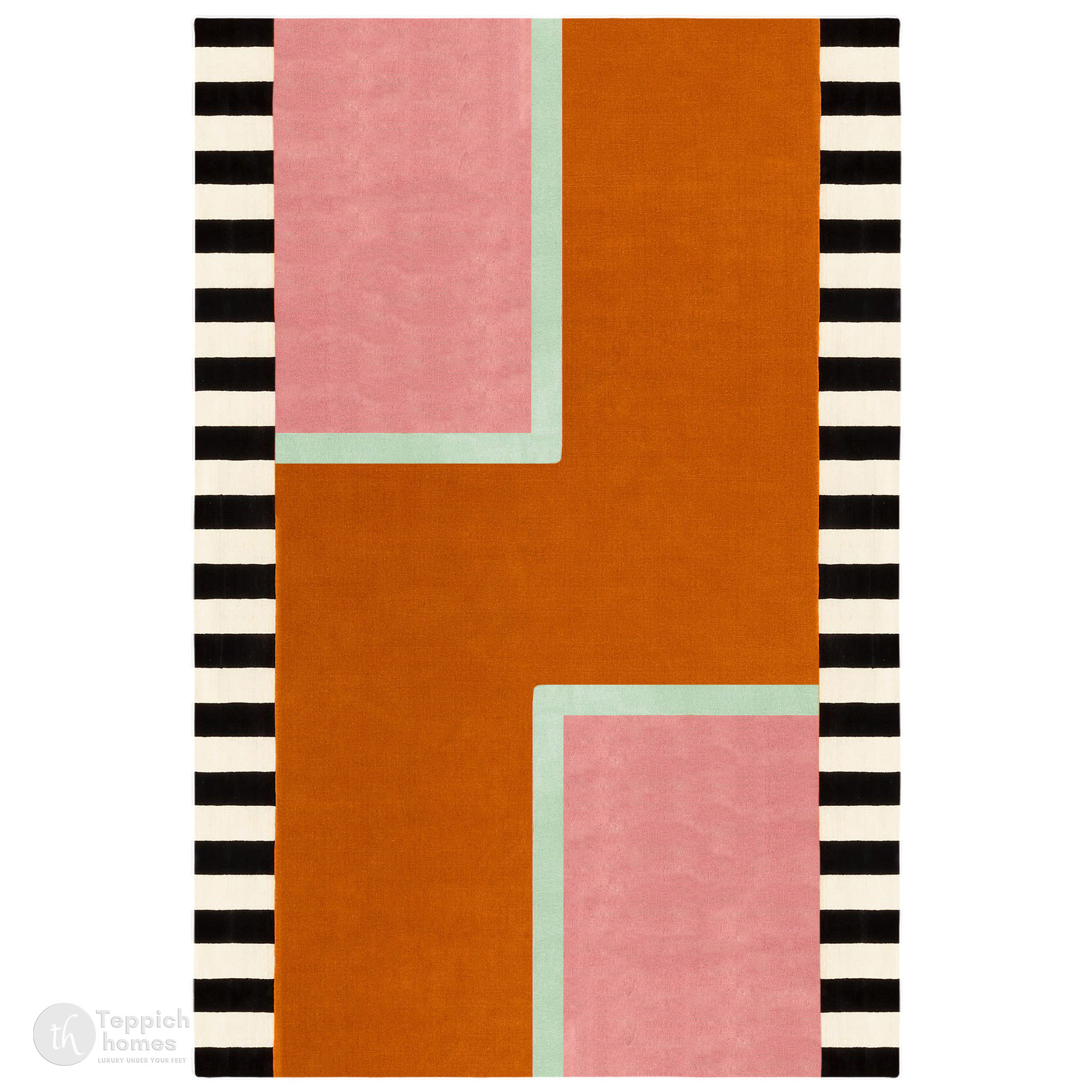 Modern Geometric Area Rug Handmade Wool Carpet with Pink Orange and Black Striped Design for Living Room and Bedroom