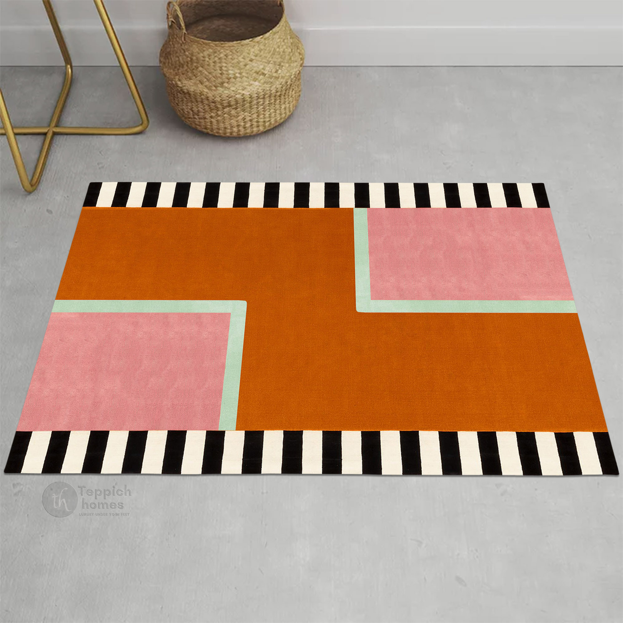Modern Geometric Area Rug Handmade Wool Carpet with Pink Orange and Black Striped Design for Living Room and Bedroom