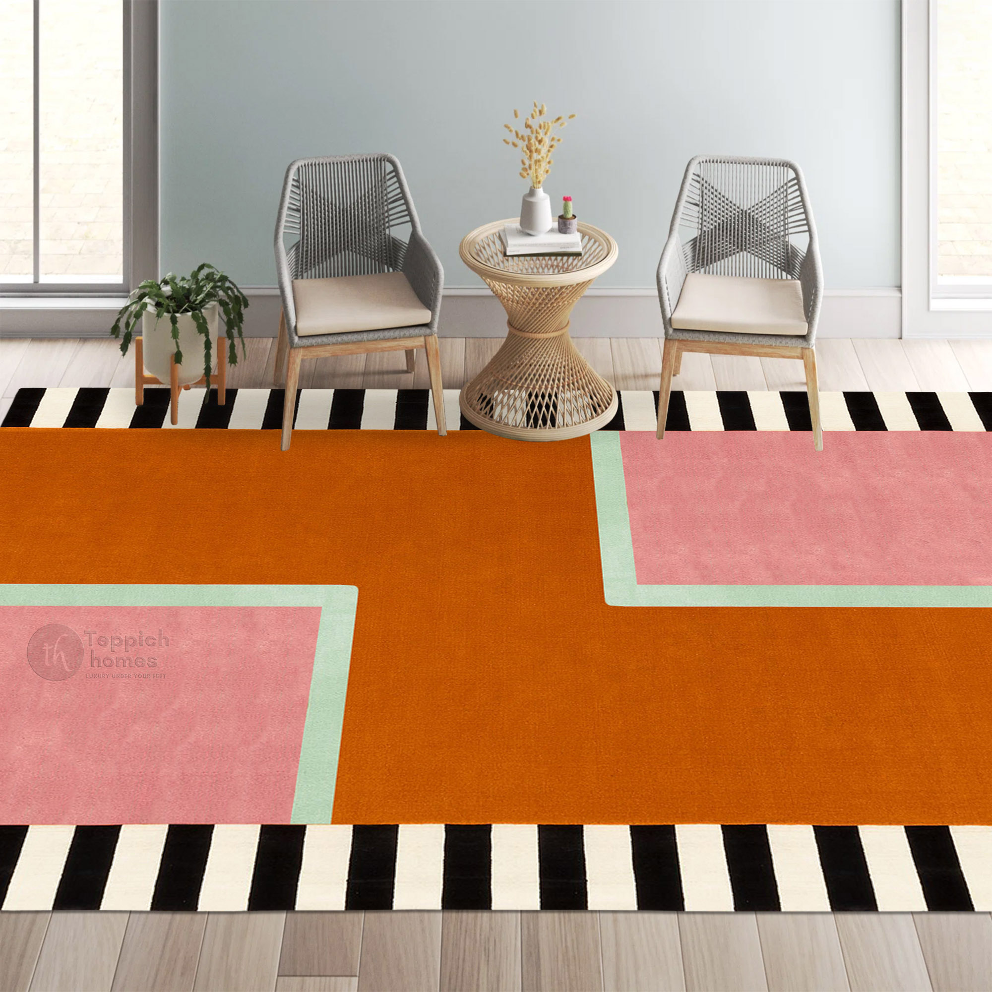 Modern Geometric Area Rug Handmade Wool Carpet with Pink Orange and Black Striped Design for Living Room and Bedroom
