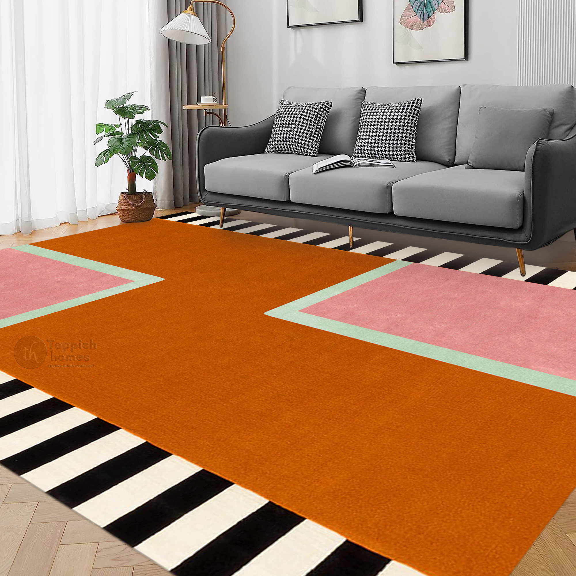 Modern Geometric Area Rug Handmade Wool Carpet with Pink Orange and Black Striped Design for Living Room and Bedroom