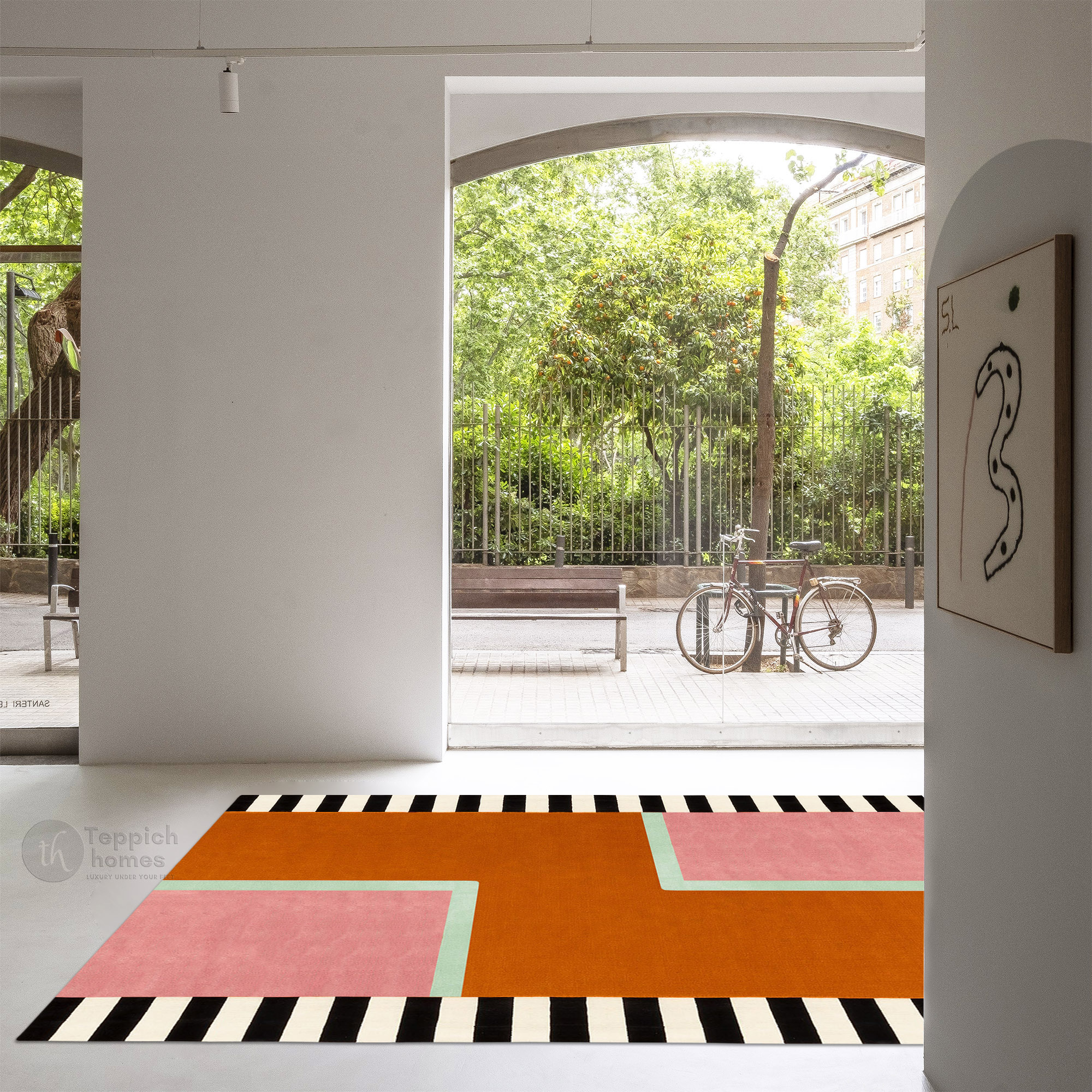 Modern Geometric Area Rug Handmade Wool Carpet with Pink Orange and Black Striped Design for Living Room and Bedroom