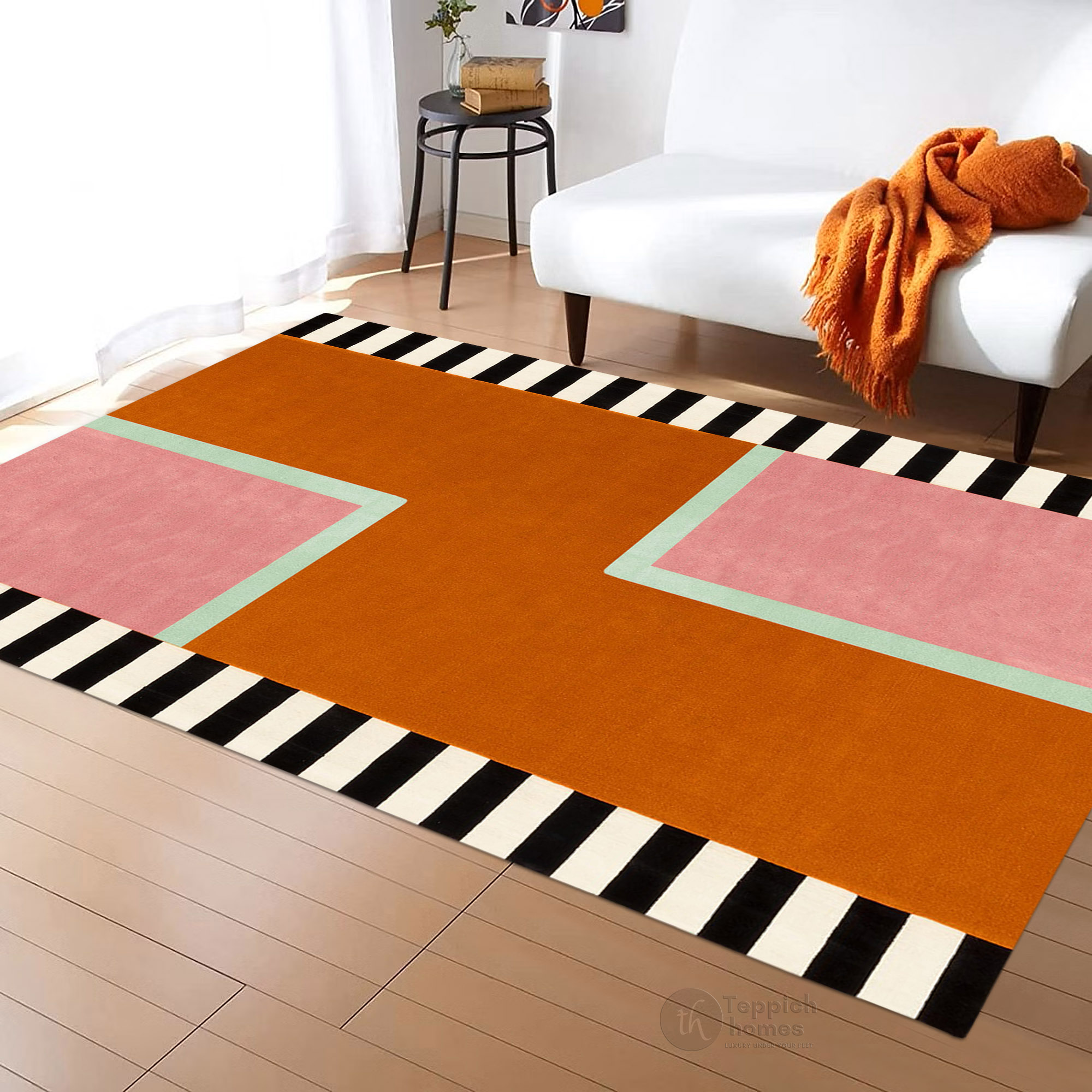 Modern Geometric Area Rug Handmade Wool Carpet with Pink Orange and Black Striped Design for Living Room and Bedroom