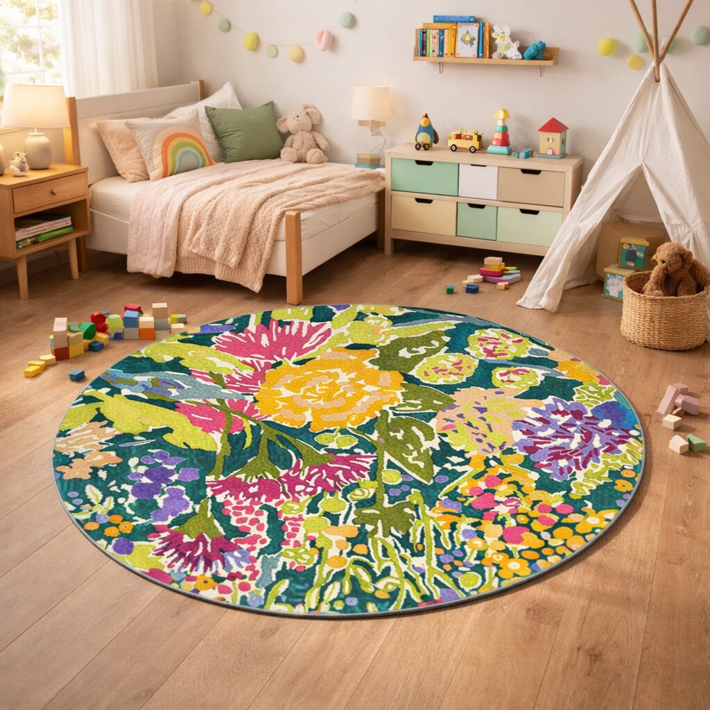 Hand Tufted Round Carpet 5x5 6x6 7x7 8x8 Sizes Multicolor Floral Design Dining Room Kitchen Bedroom Living Room