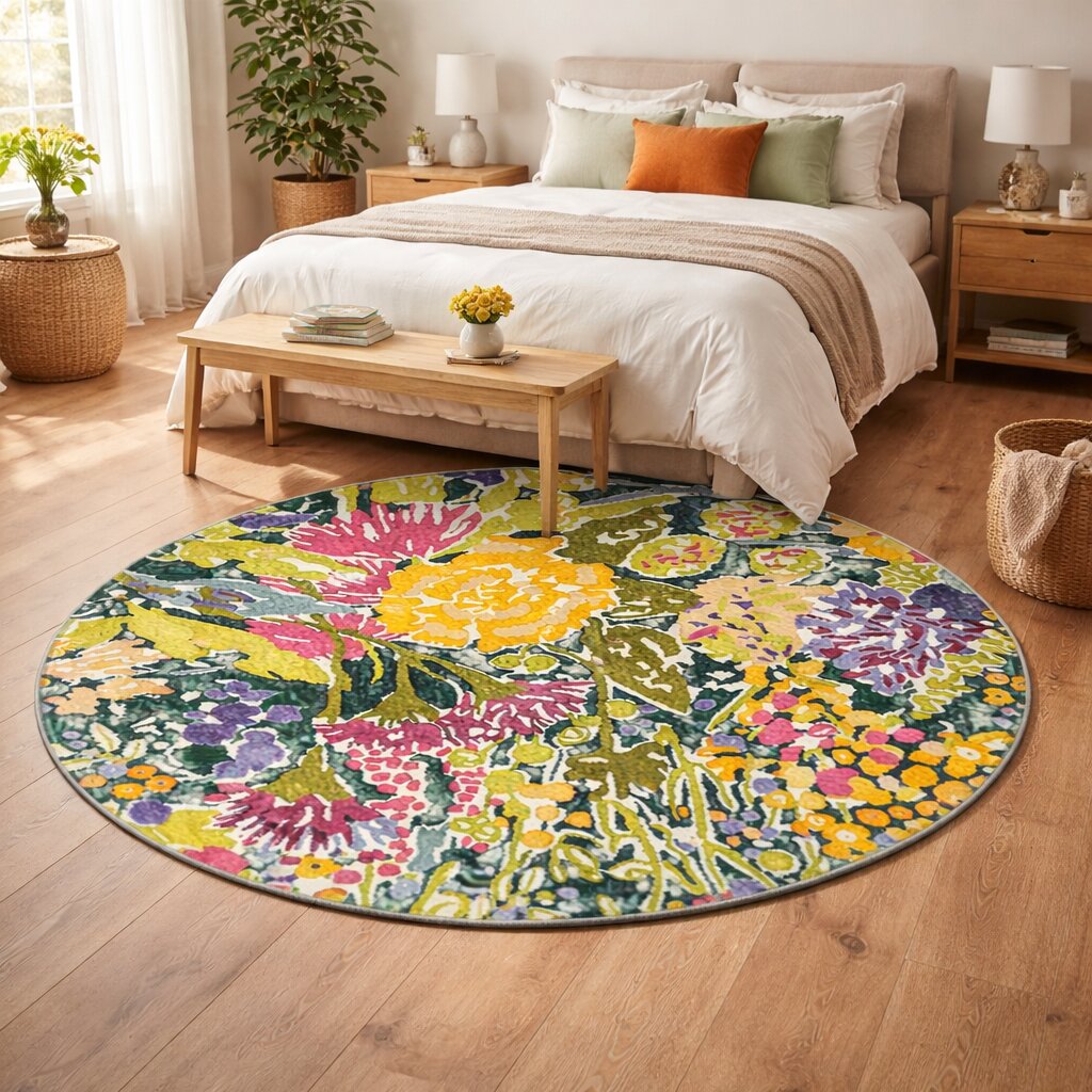 Hand Tufted Round Carpet 5x5 6x6 7x7 8x8 Sizes Multicolor Floral Design Dining Room Kitchen Bedroom Living Room