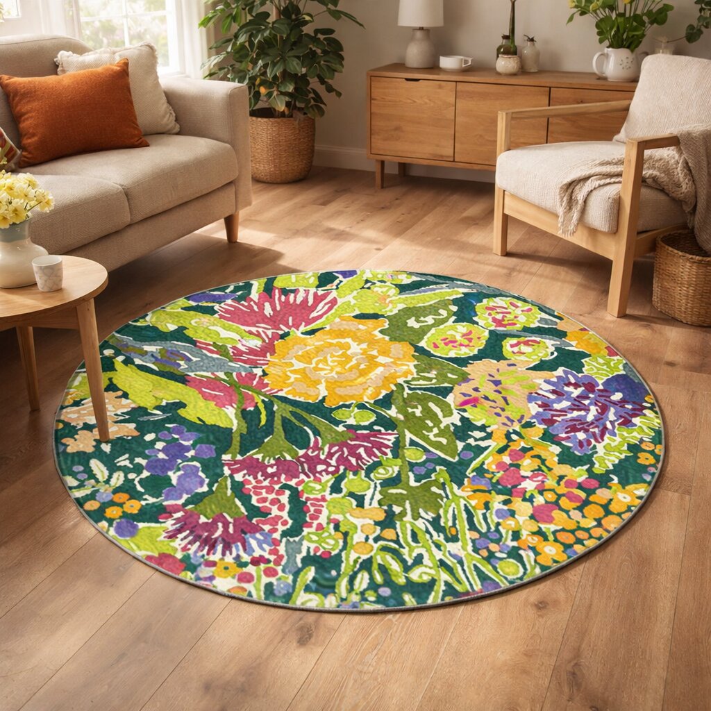 Hand Tufted Round Carpet 5x5 6x6 7x7 8x8 Sizes Multicolor Floral Design Dining Room Kitchen Bedroom Living Room