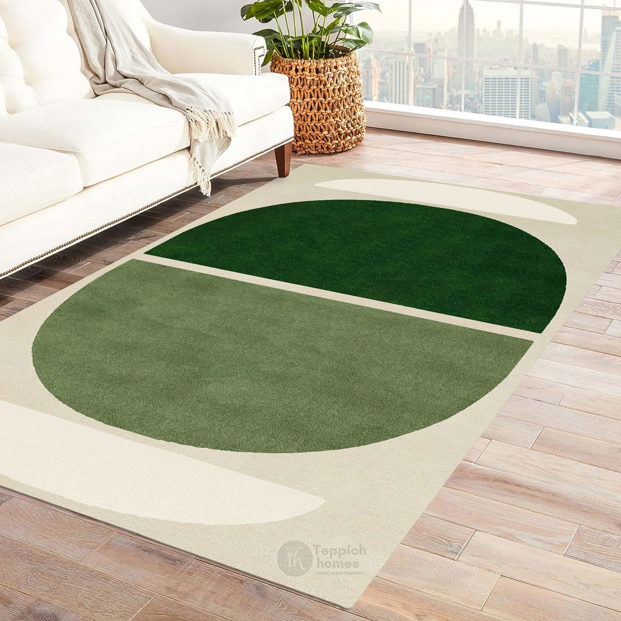 Handmade Green Geometric Wool Rug Modern Half Circle Design Area Carpet for Living Room and Bedroom