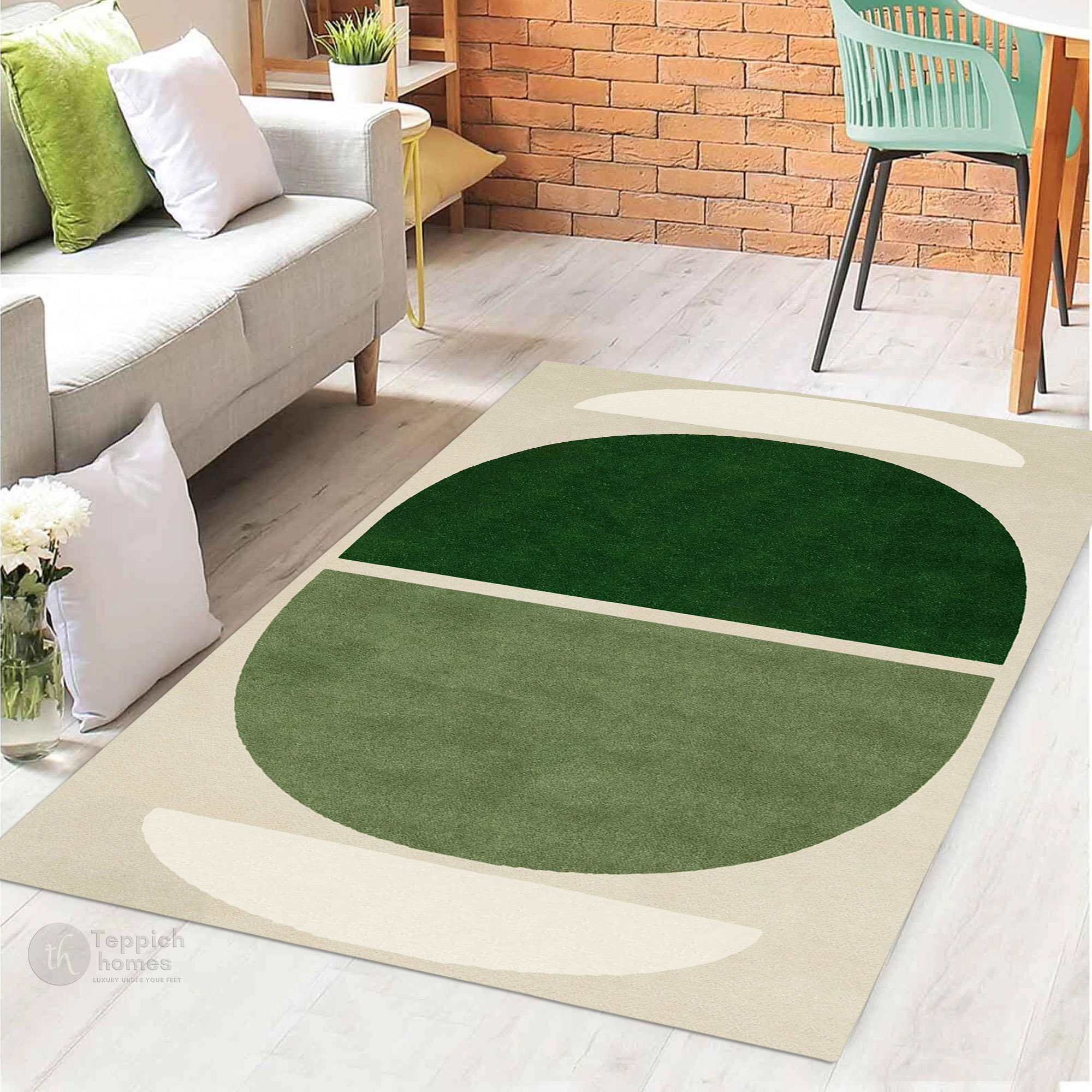 Handmade Green Geometric Wool Rug Modern Half Circle Design Area Carpet for Living Room and Bedroom