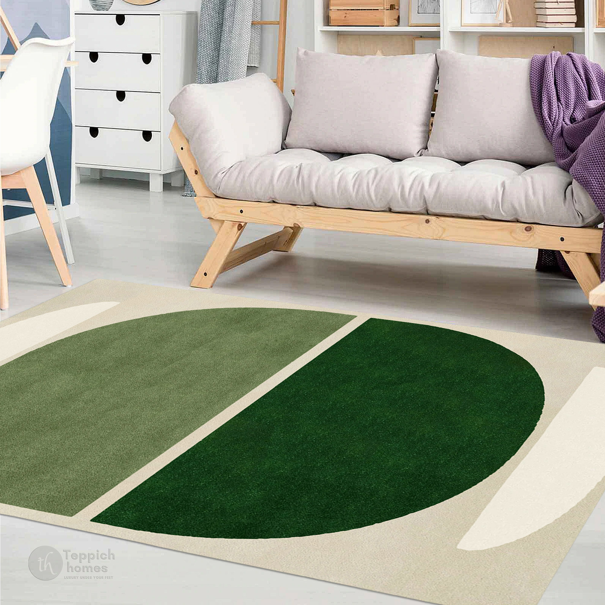 Handmade Green Geometric Wool Rug Modern Half Circle Design Area Carpet for Living Room and Bedroom